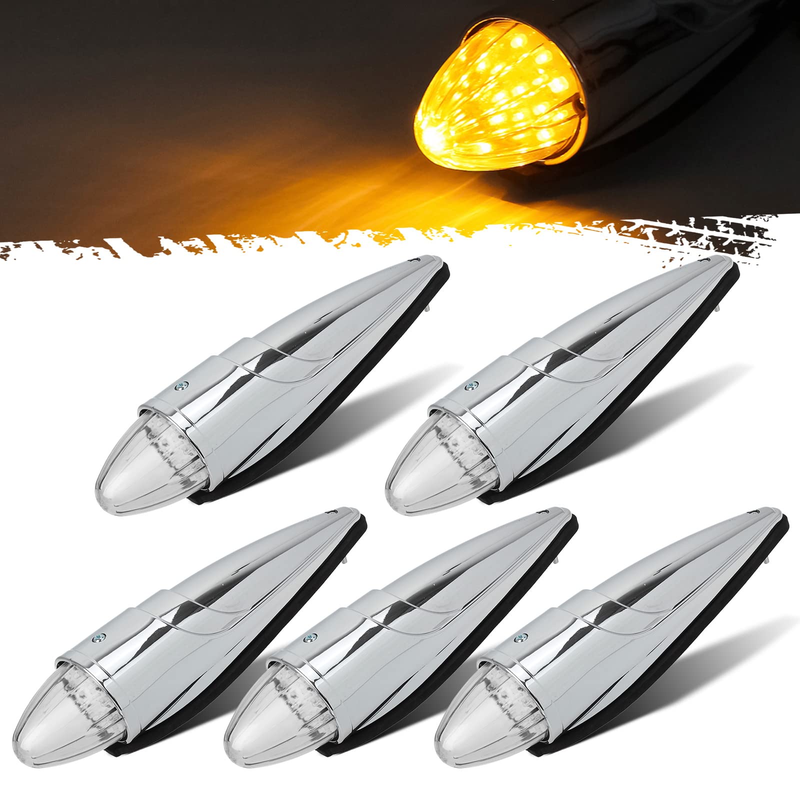 Partsam 5pc Amber Yellow LED Torpedo Cab Marker Lights for Kenworth/Peterbilt/Freightliner, Model 13, Medium Size