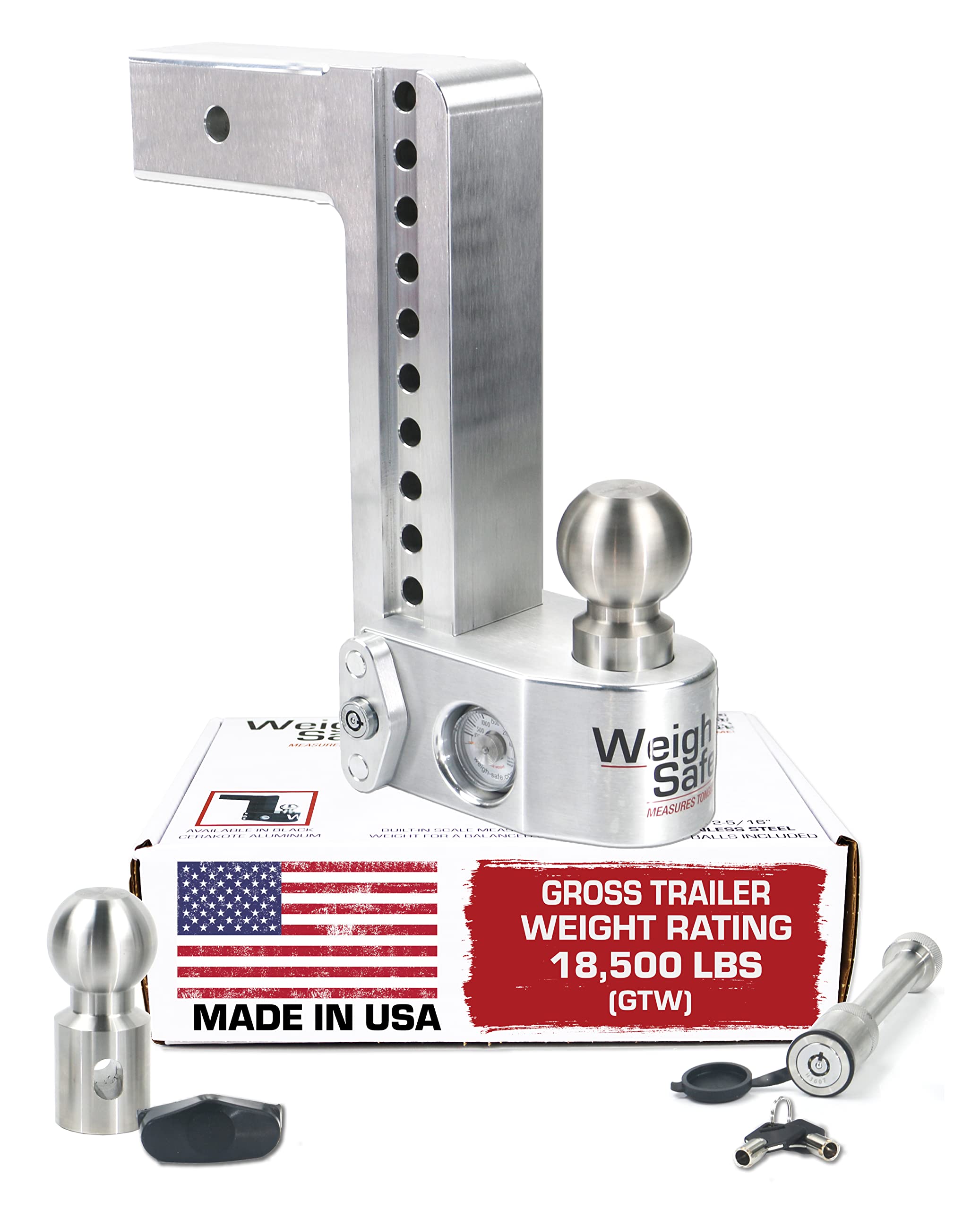 Weigh Safe WS10-2.5-KA 10 Drop Hitch, 2.5 Receiver 18,500 LBS GTW - Adjustable Aluminum Trailer Hitch Ball Mount w/ Built-in Sca