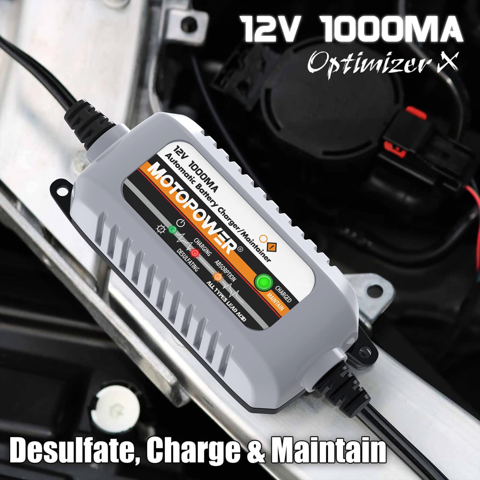 MOTOPOWER MP00205B 12V 1000mA Automatic Battery Charger & Maintainer - Grey