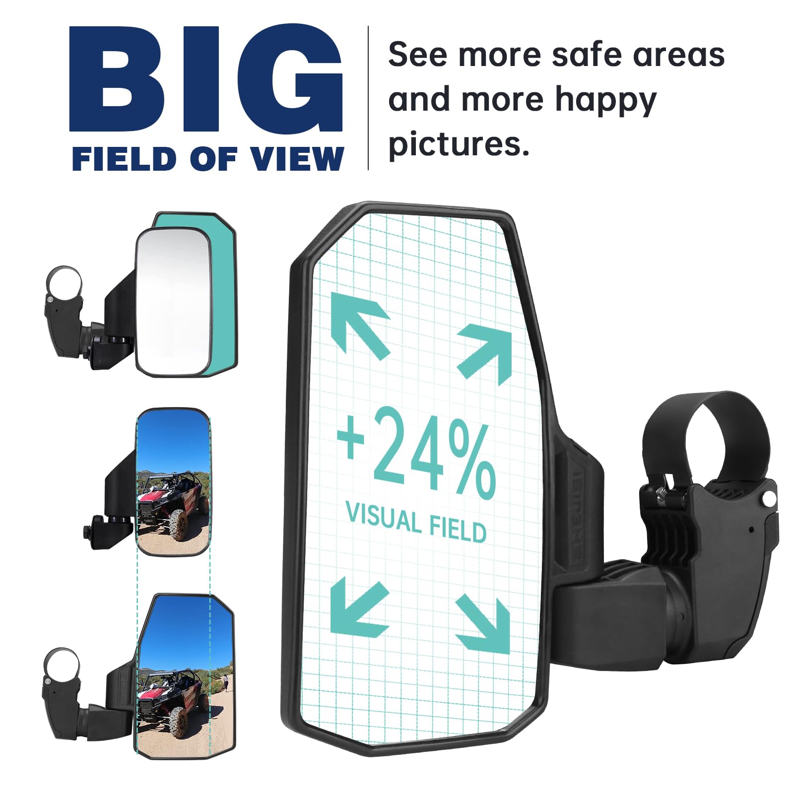 SHEJISI UTV Side View Mirrors, Black ABS, 2024 Model RHUTV-MR204B, Fits 1.5"-2.0" Roll Cage, Easy Fold-
