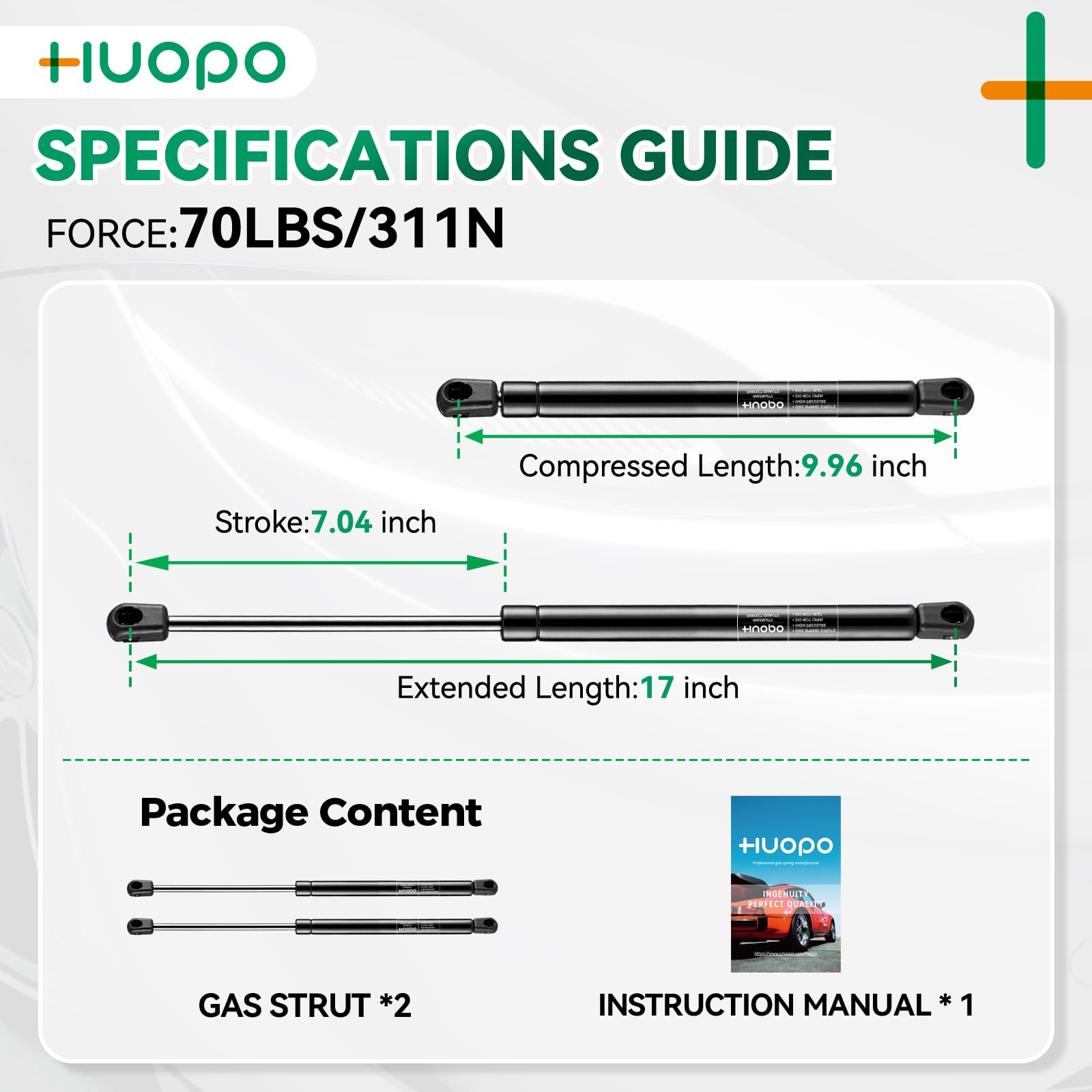 HUOPO Gas Struts Shock Spring Lift Support, 17 Inch, 70lb/311N, Model SE170P70, Set of 2, Black for ATC Leer Snugtop