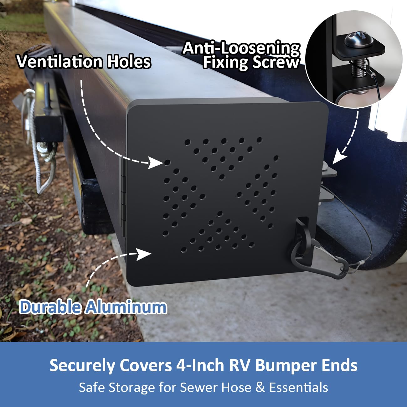 Aluminum RV Bumper End Cap- Fits 4-Inch Square Camper Bumpers, Ventilation Holes for Airflow, Secure Sewer Hose Storage- 2 Pack