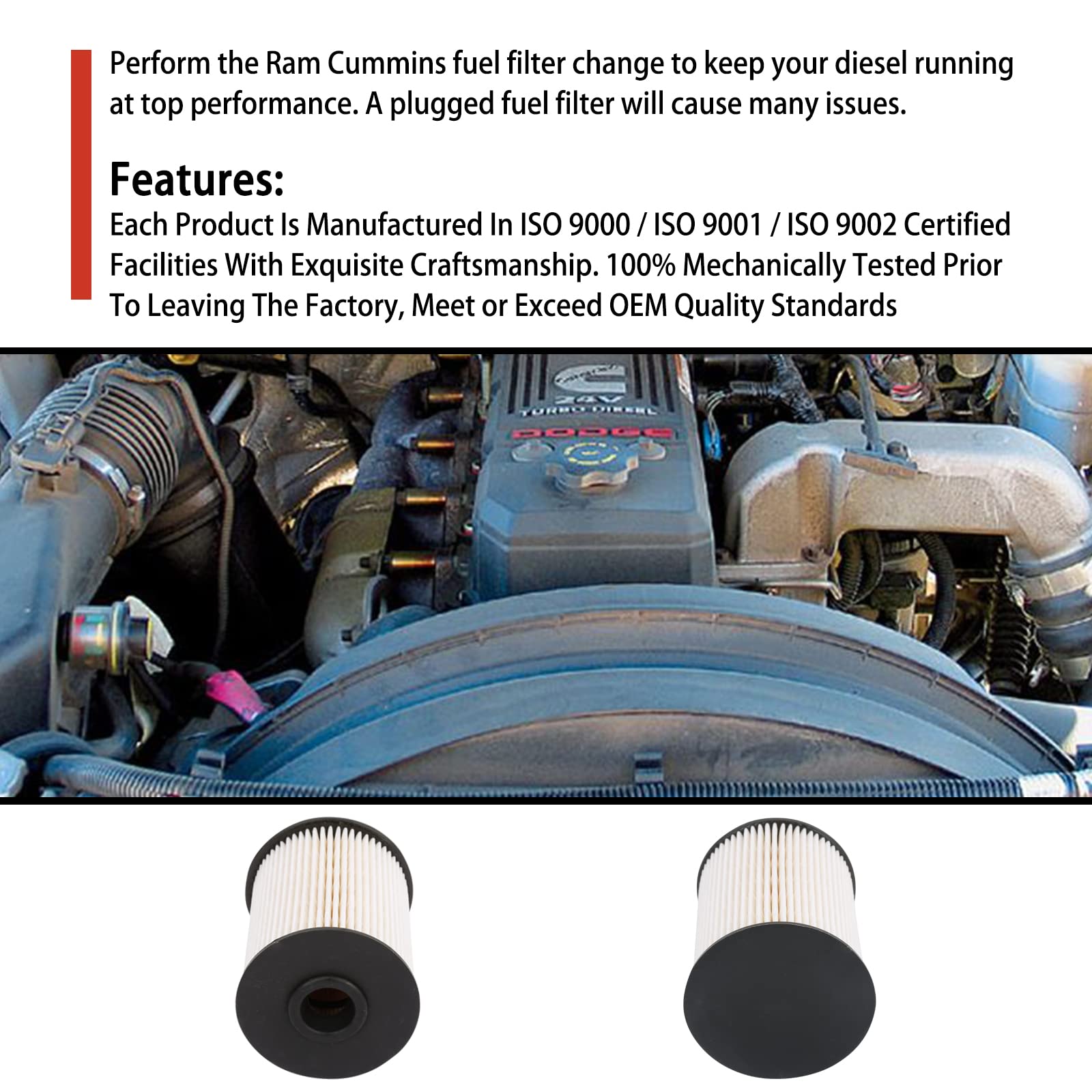 5.9 Cummins Fuel Filter Fits For Dodge Ram 2500 3500 5.9L Cummins Turbo Diesel 2000-2009 Replaces# 68001914Aa, 68001914Ab, 50155