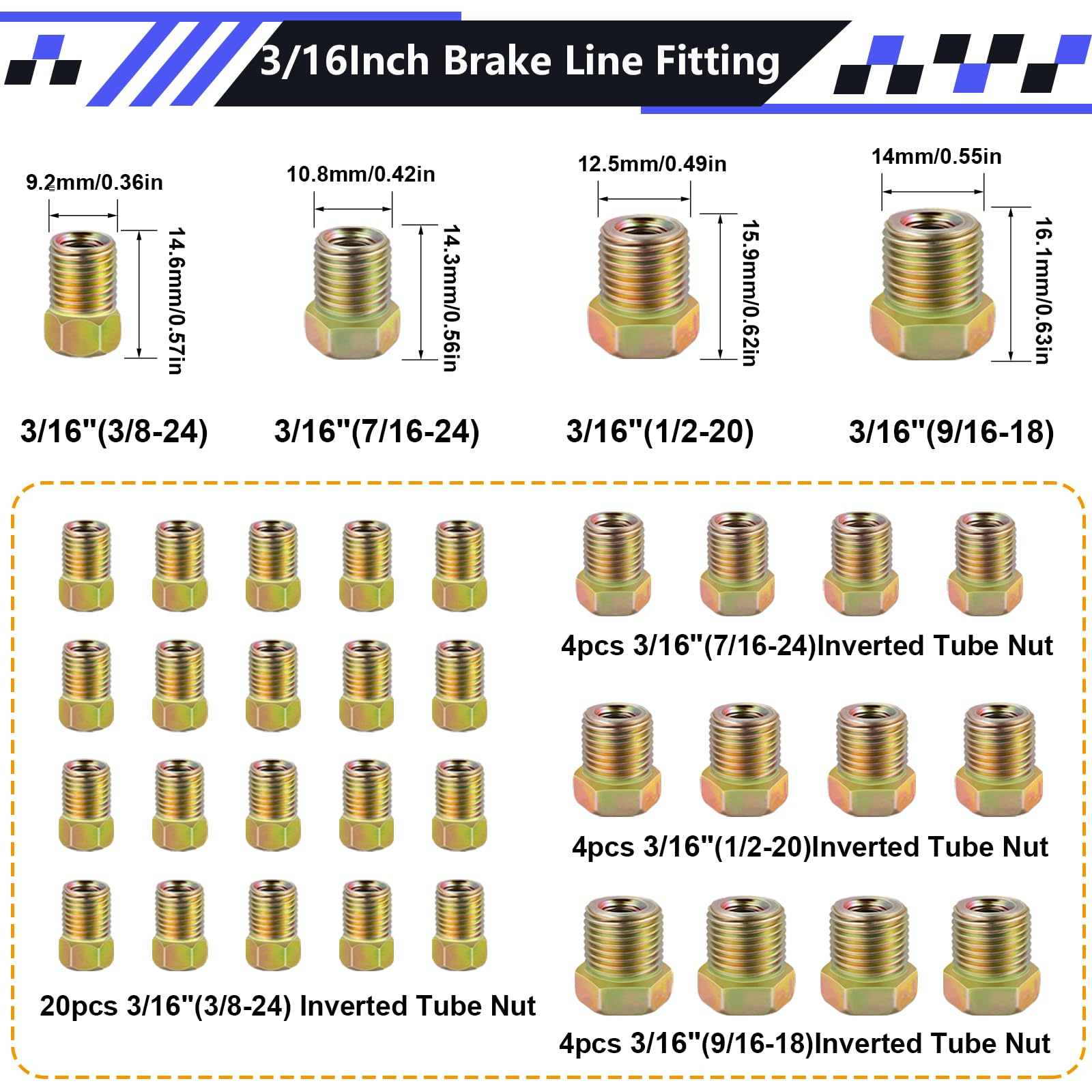 smseace 2Sets 25Ft. 3/16'' Brake Line Tubing Kit with Brake Line Fittings(Includes 32pcs Fittings and 4pcs Unions+8pcs Nuts) Cop