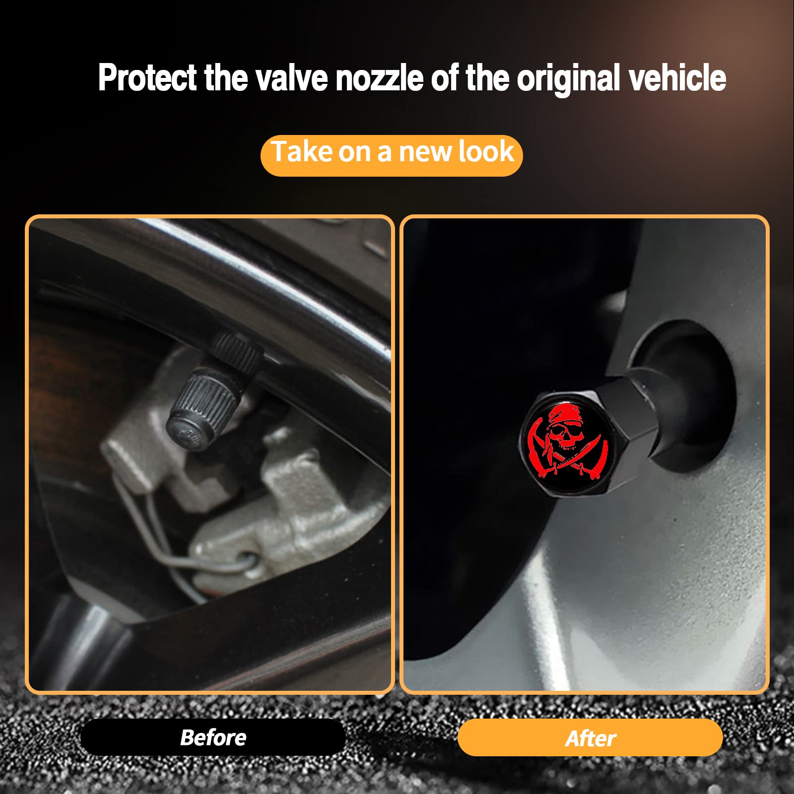 Ajxn Pack-4 Skull Car Wheel Tire Valve Stem Caps, Universal Car Tire Air Valve Caps, Dust-Proof Car Wheel Tire Valve Stem Caps Fits Most Vehicles Types, Wheel Accessories Parts (Red-Black)