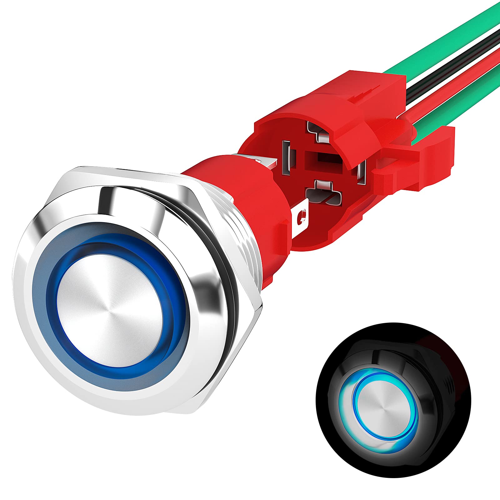 Joinfworld Latching Push Button Switch 12V 20A Heavy Duty Dc 12 Volt Waterproof Round Switch 19Mm Metal Blue Led Ring Illuminated On/Off Weatherproof With Wire For Marine Boat Car Truck