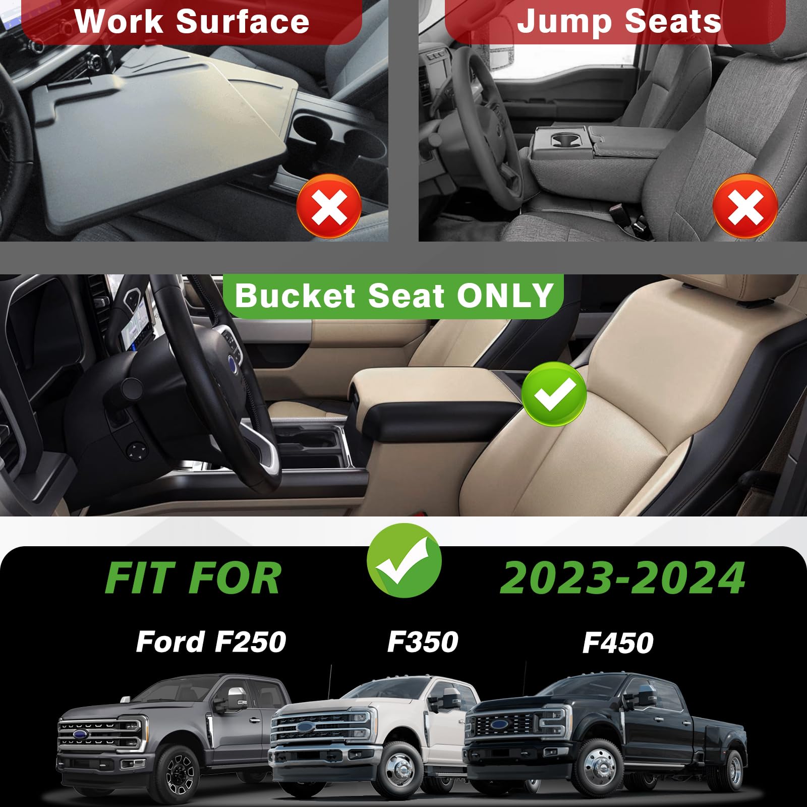 Muslogy Armrest Cover for Ford F250/F350/F450 2023-2026, Vegan Leather, Regular Thick, Bucket Seat Only, Model MUS-ACEXTRA-47B