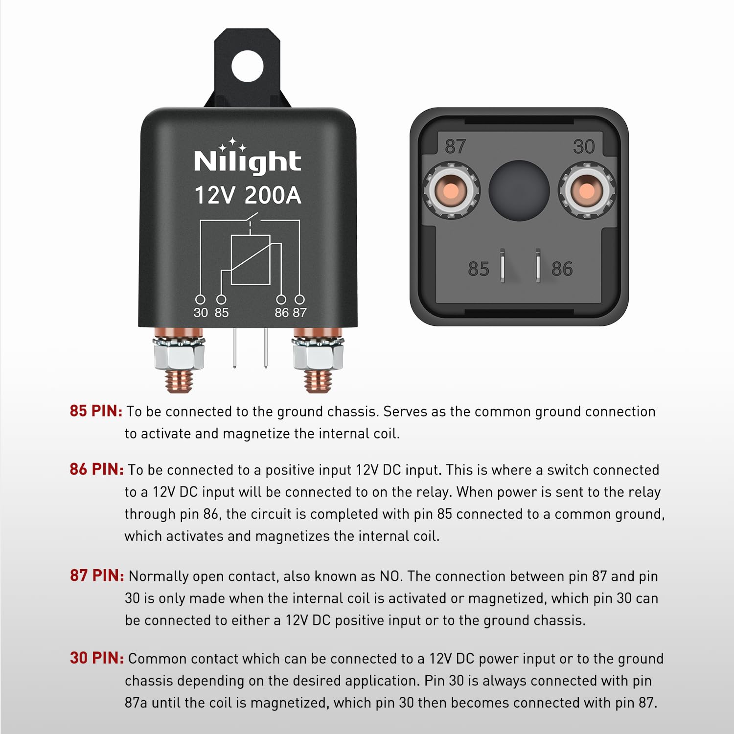 Nilight 120A Starter Relay 4 Pin Split Relays Switch 12V Continuous Heavy Duty Spst High Current 4 Terminal Car Starter On Off C