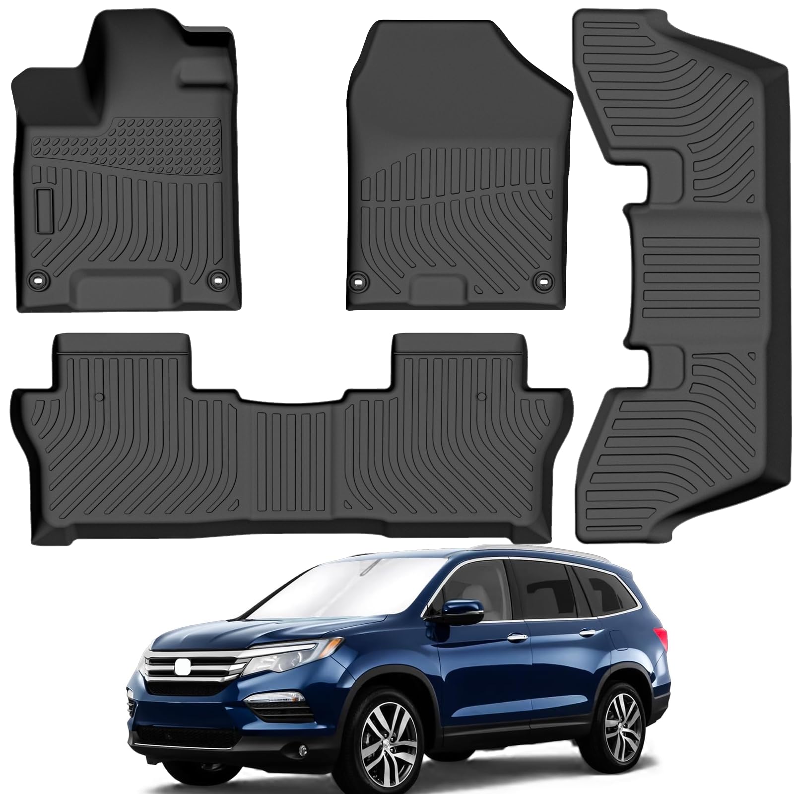All Weather Rubber Car Floor Mats Compatible With 2016-2022 Honda Pilot 7 Passenger (Not Fit 8 Passenger), Full Set Includes 1St