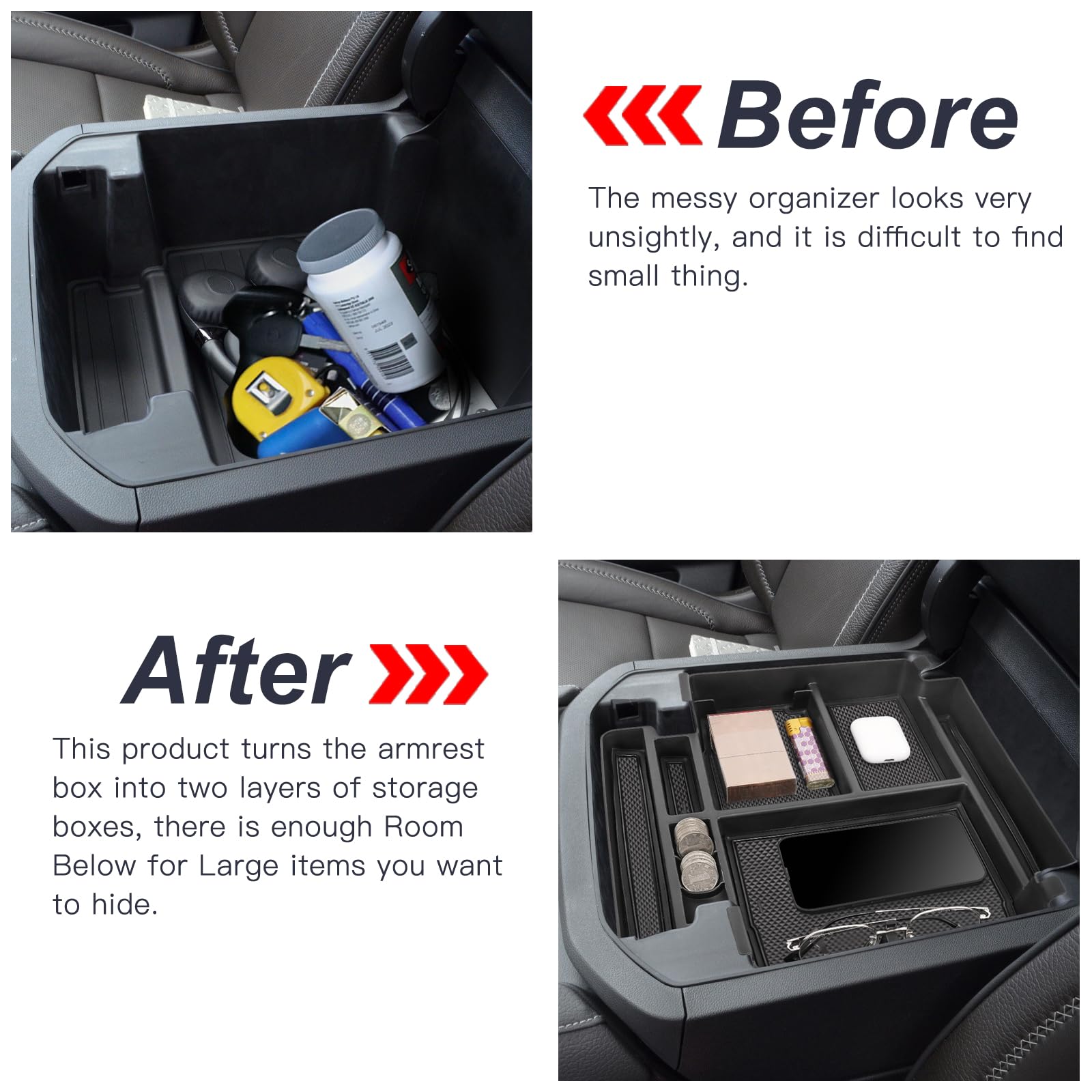 Neepiar Center Console Organizer Tray for 2021-2025 GMC Yukon Denali & Chevy Suburban/Tahoe - Black ABS Plastic, Model NP-YuKon-ARMREST-DD