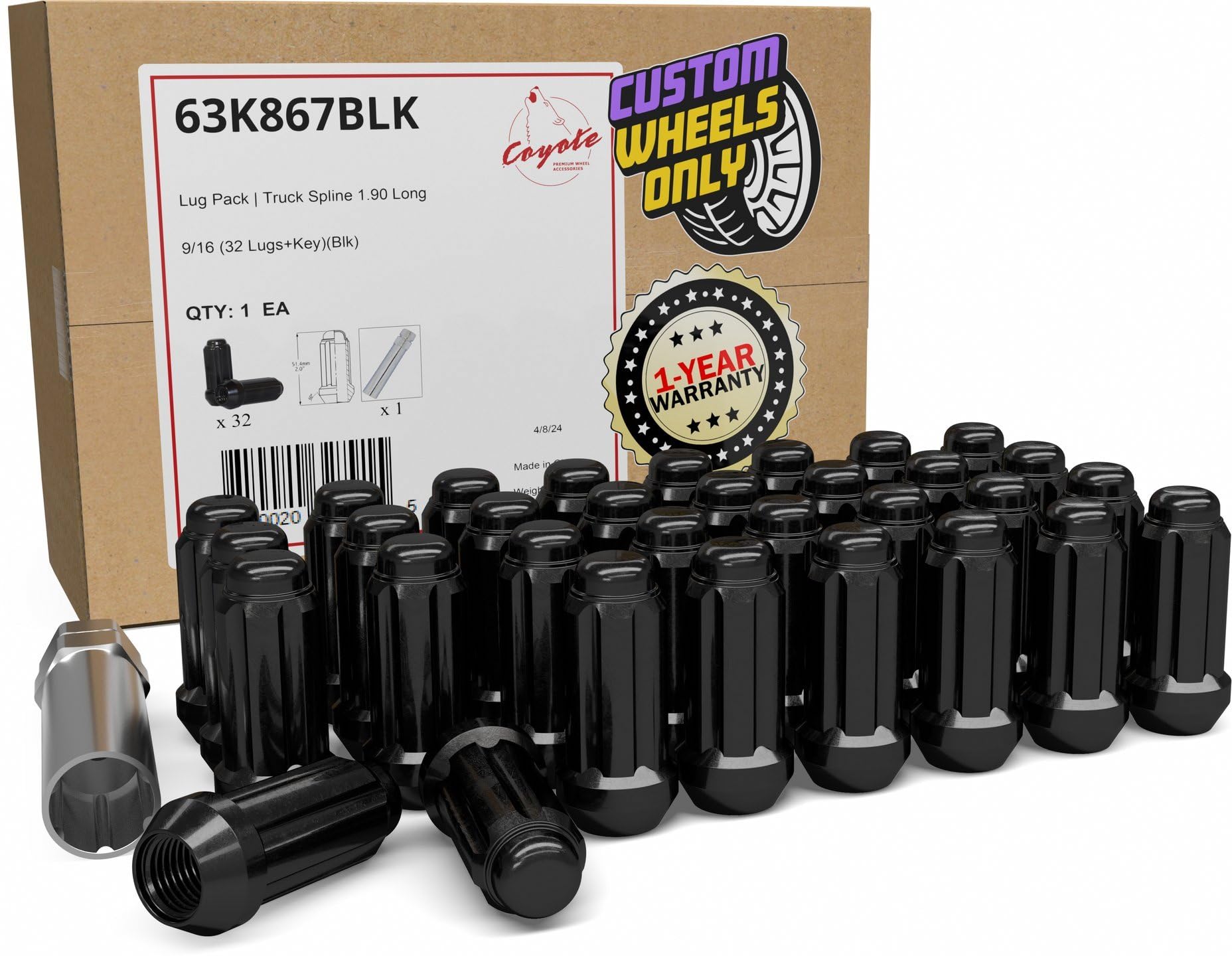 Wheel Accessories Parts 32 Pcs 9/16' Thread Truck 2.00' Long Spline Lug Nuts Black Chrome 6 Spline Hex Fits 1994-11 Ram 2500 3500 1975-97 Ford F250 F350 Chevy Gmc C20 K20 C2500 C3500