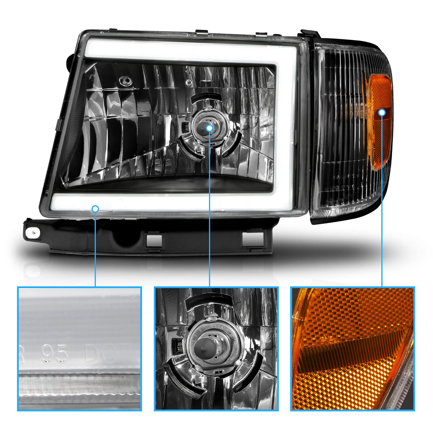 AmeriLite LED Tube Headlights & Corner Light Set for 1997-2000 Toyota Tacoma 2WD Pickup - Black Replacement - Passenger & Driver Side