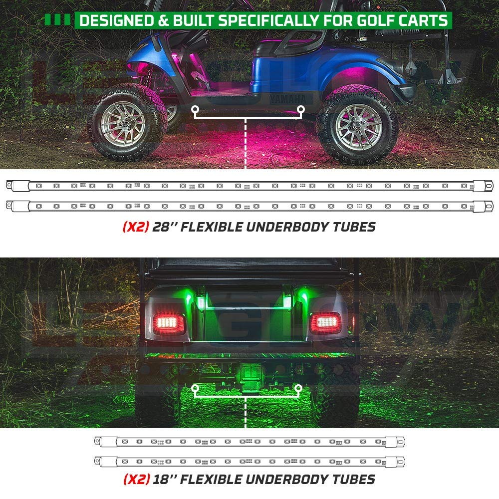 LEDGlow 4pc Expandable Million Color LED 4-Seater Golf Cart Underglow Accent Neon Lighting Kit for EZGO Yamaha Club Car - Fits 1