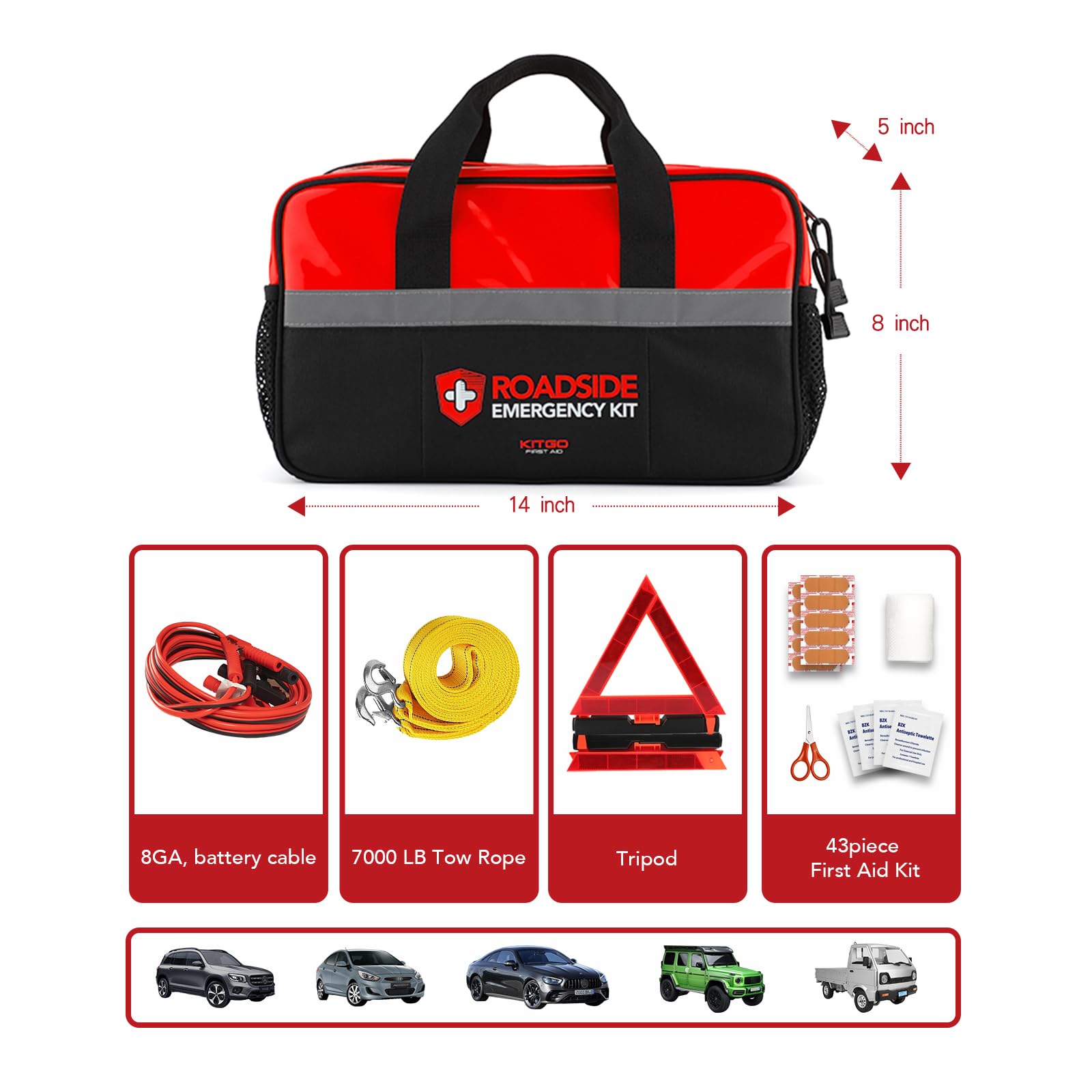 Kitgo Car Emergency Kit,Premium Roadside Assistance Essentials With Jumper Cables, Flashlight, Shovel, Screwdriver Set - Ideal A