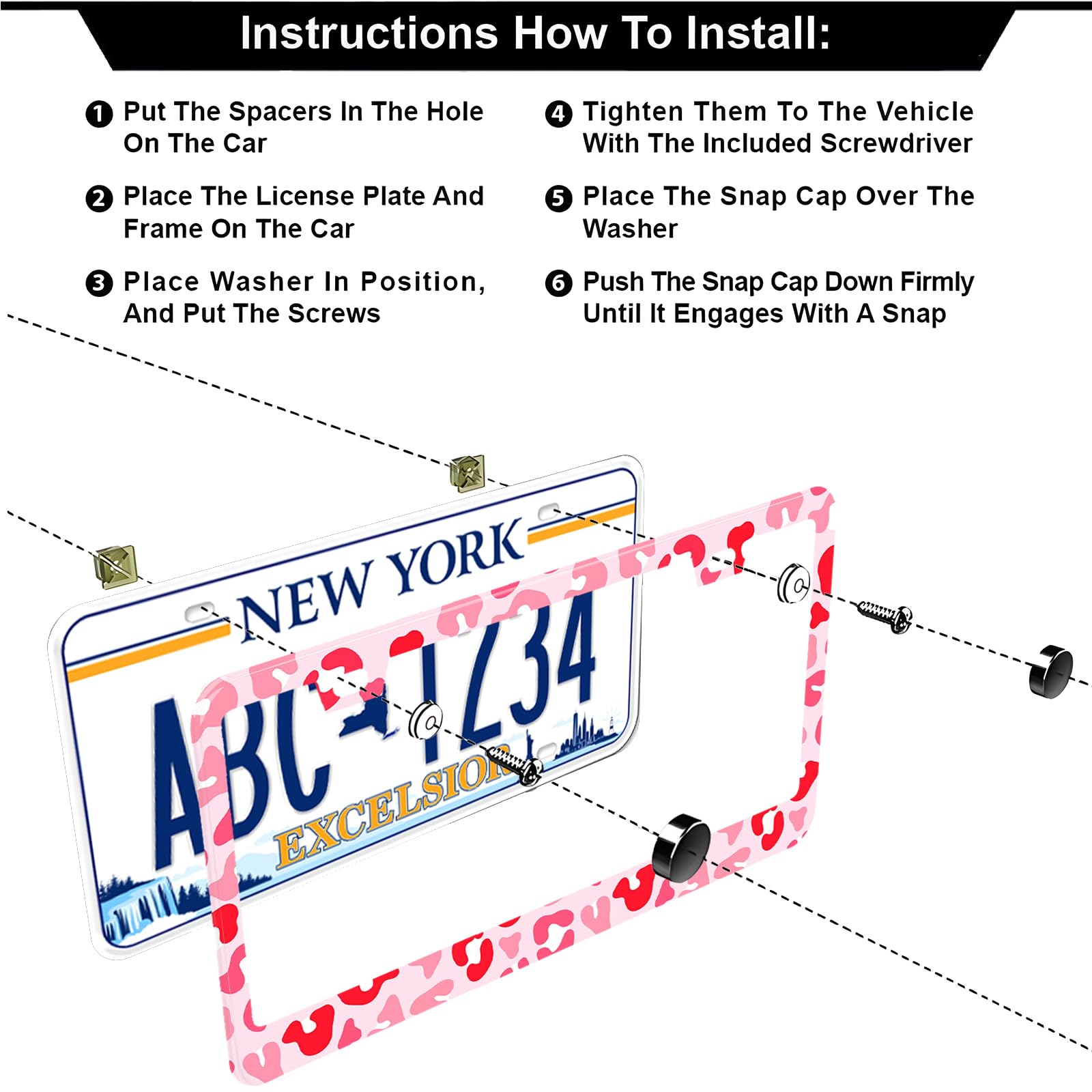 Leopard Print License Plate Frames Pink, 2 Pack Leopard Car Plate Frame, Stainless Steel License Plate Holders Covers With Free