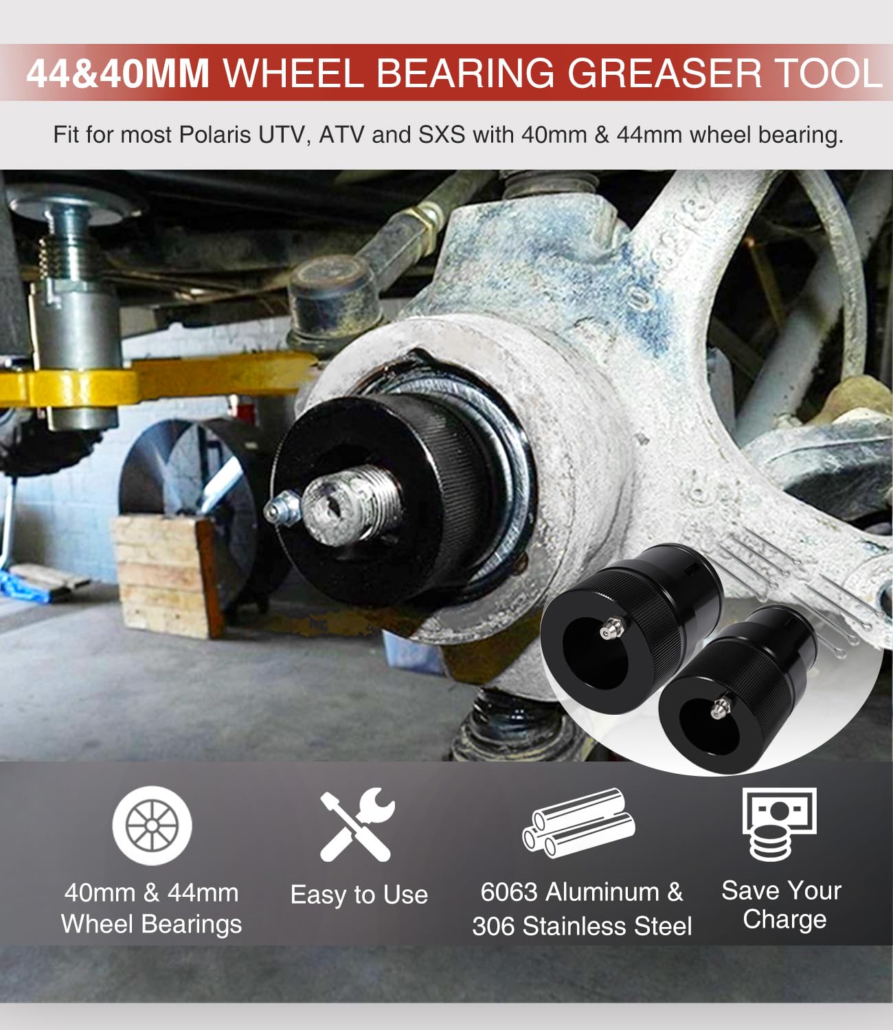sixcow 40mm & 44mm Wheel Bearing Greaser Tool - High Grade Aluminum & Stainless Steel, Replaces Polaris Ranger 570/800/900/1000XP