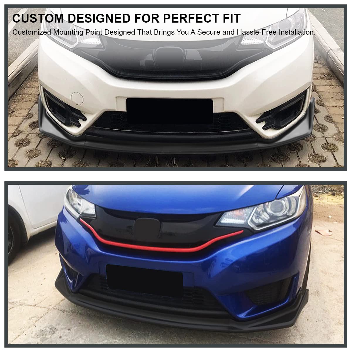 Spec-D Tuning Black Front Bumper Lip Spoiler Splitter Body Kit 3Pc Compatible With Honda Fit 2014-2017