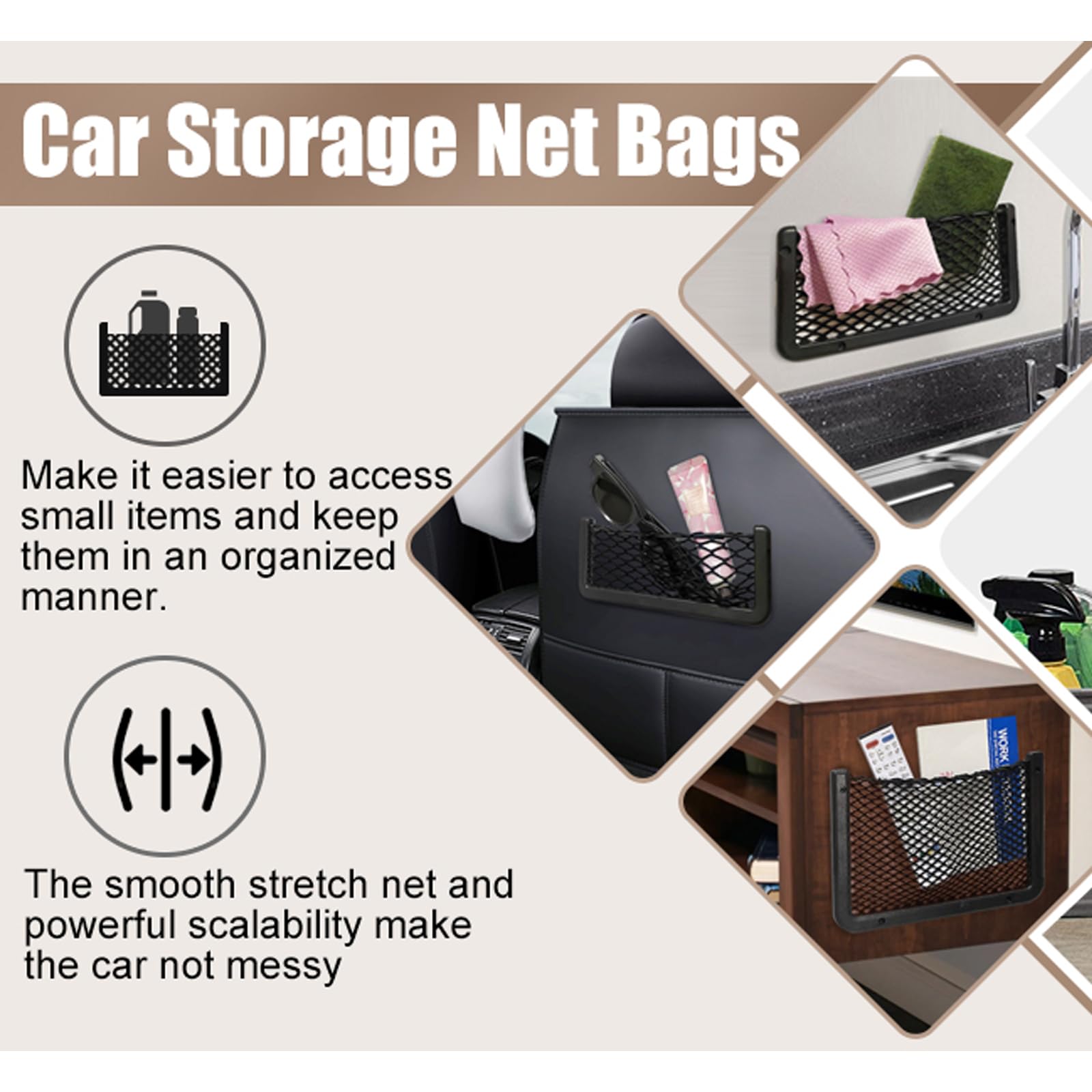 4 Pieces ABS Plastic Frame Automotive Cargo Nets Car Net Pocket Phone Car Mesh Net Holder RV Storage Boat Cargo Pocket Organizer