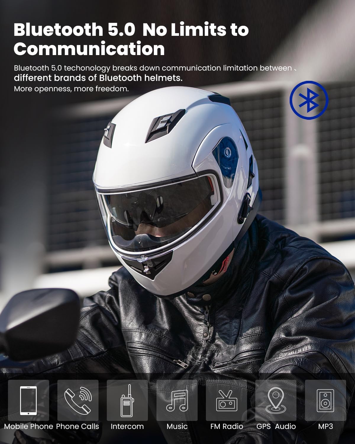 Ilm Bluetooth Integrated Modular Flip Up Full Face Motorcycle Helmet Sun Shield Mp3 Intercom Model 953Pro (L, White)