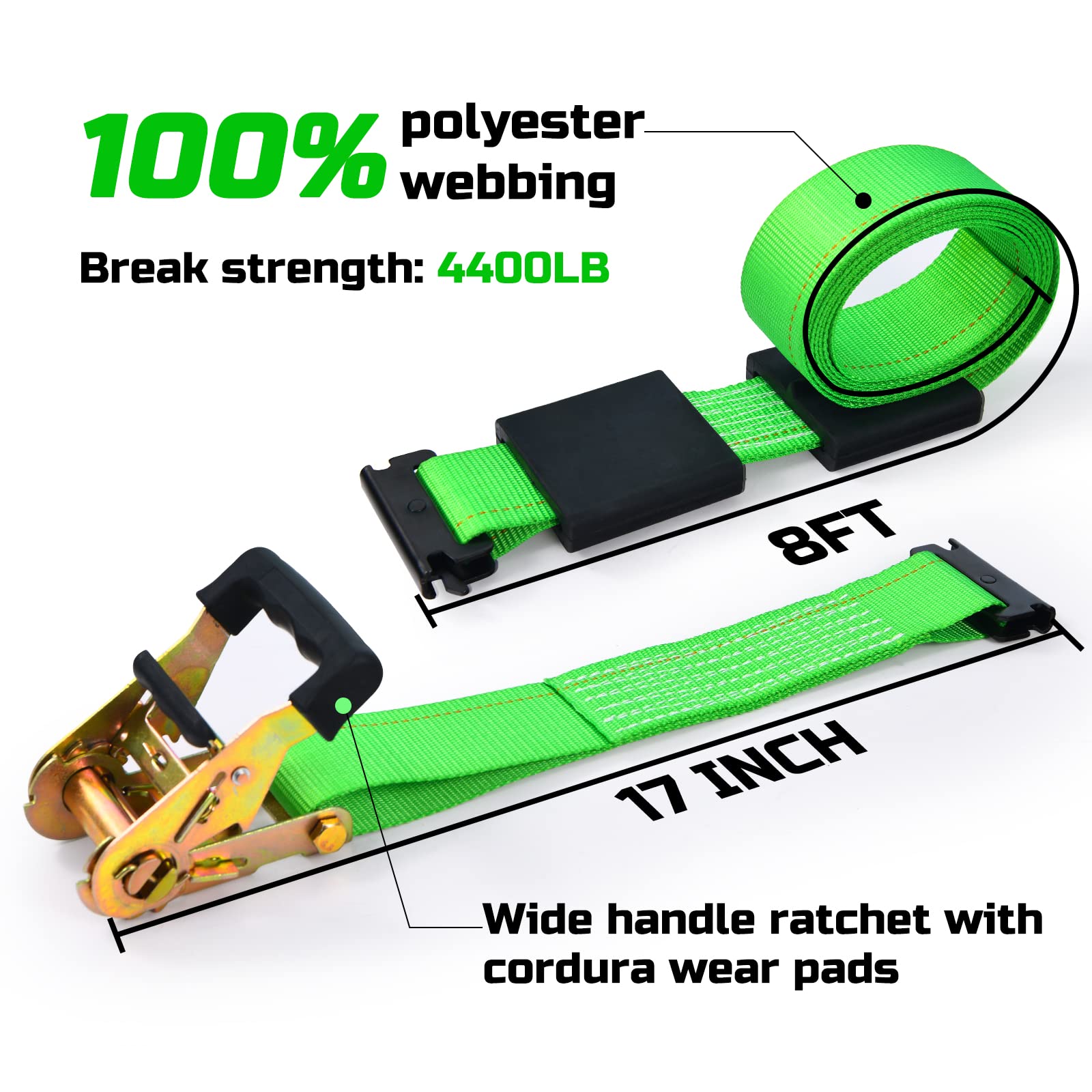 Trekassy Heavy Duty Wheel Chock Tie-Down Kit, 4,400lb Strength, 2 Pack, Green, Model NS2401G-A08, for ATV/UTV/Lawn