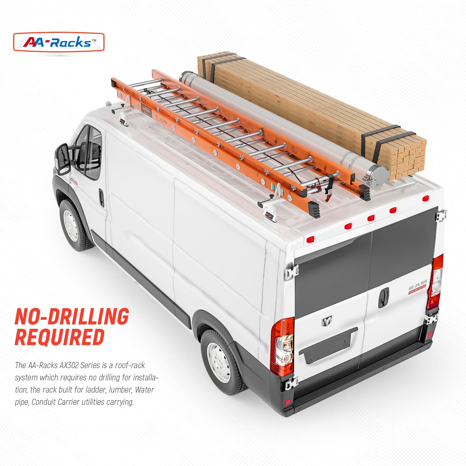 AA Racks Model AX302 Aluminum Van Ladder Roof Rack System Fits for 2013-On RAM ProMaster/ 2015-On Transit - 2 Bar 72'', White