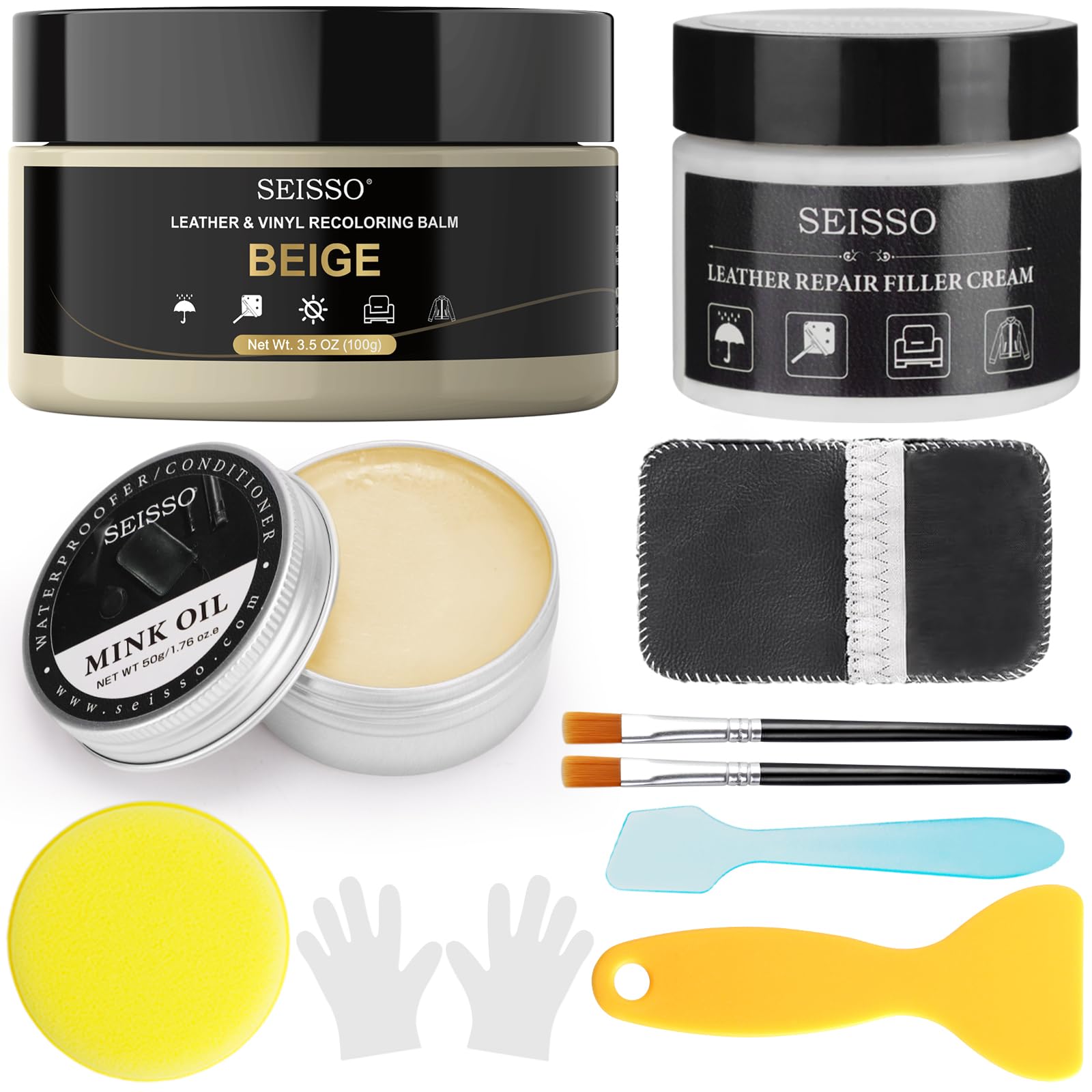 SEISSO Leather Repair Kit for Furniture, Beige Vinyl Repair Kit with Mink Oil for Couches, Color Restorer Conditioner, Leather R