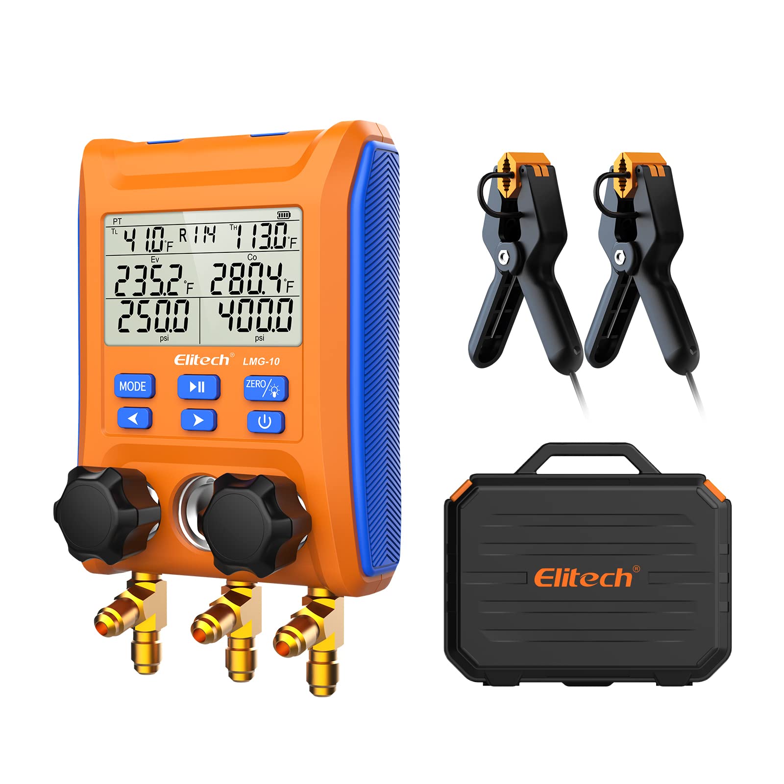 Elitech Digital Manifold Gauge 2Way Valve with Thermometer Clamps for HVAC Systems, LMG10