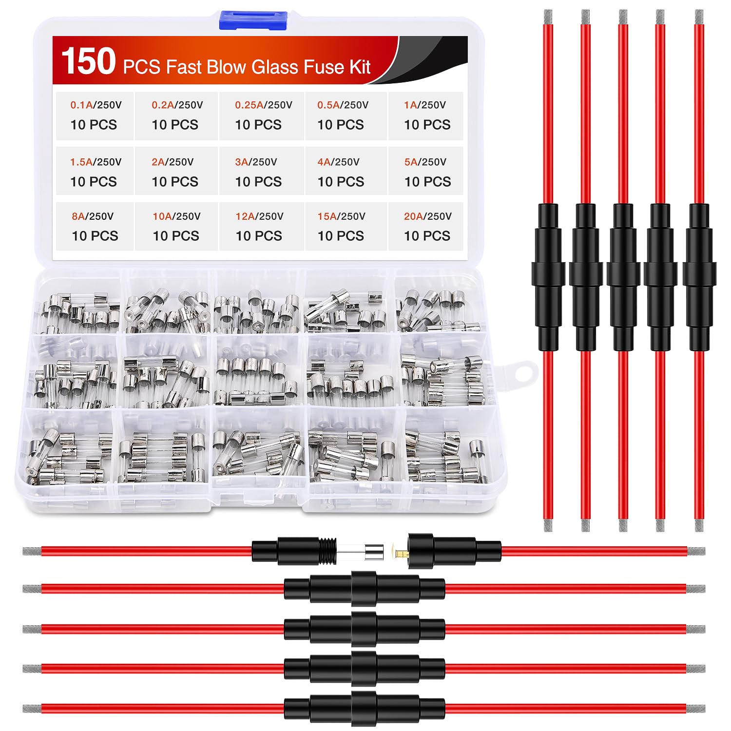 Nilight 150Pcs Fast Blow Glass Fuses With 10Pcs 5X20Mm Inline Holder Screw Type16Awg 250V 0.1A 0.2A 0.25A 0.5A 1A 1.5A 2A 3A 4A