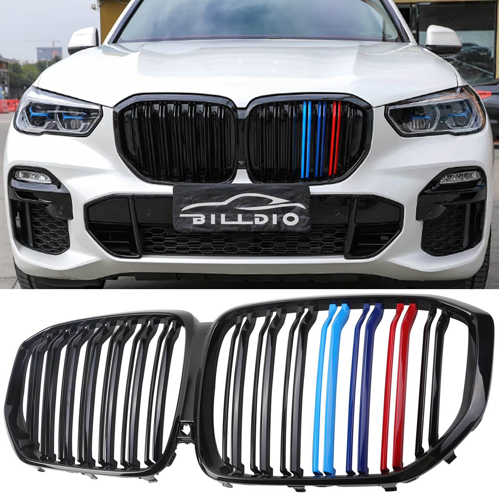 BILLDIO G05 Grille - M Color Double Slats Grill Compatible with X5 G05 2019 2020 2021 2022 2023(ABS Gloss Black Kidney Grill)