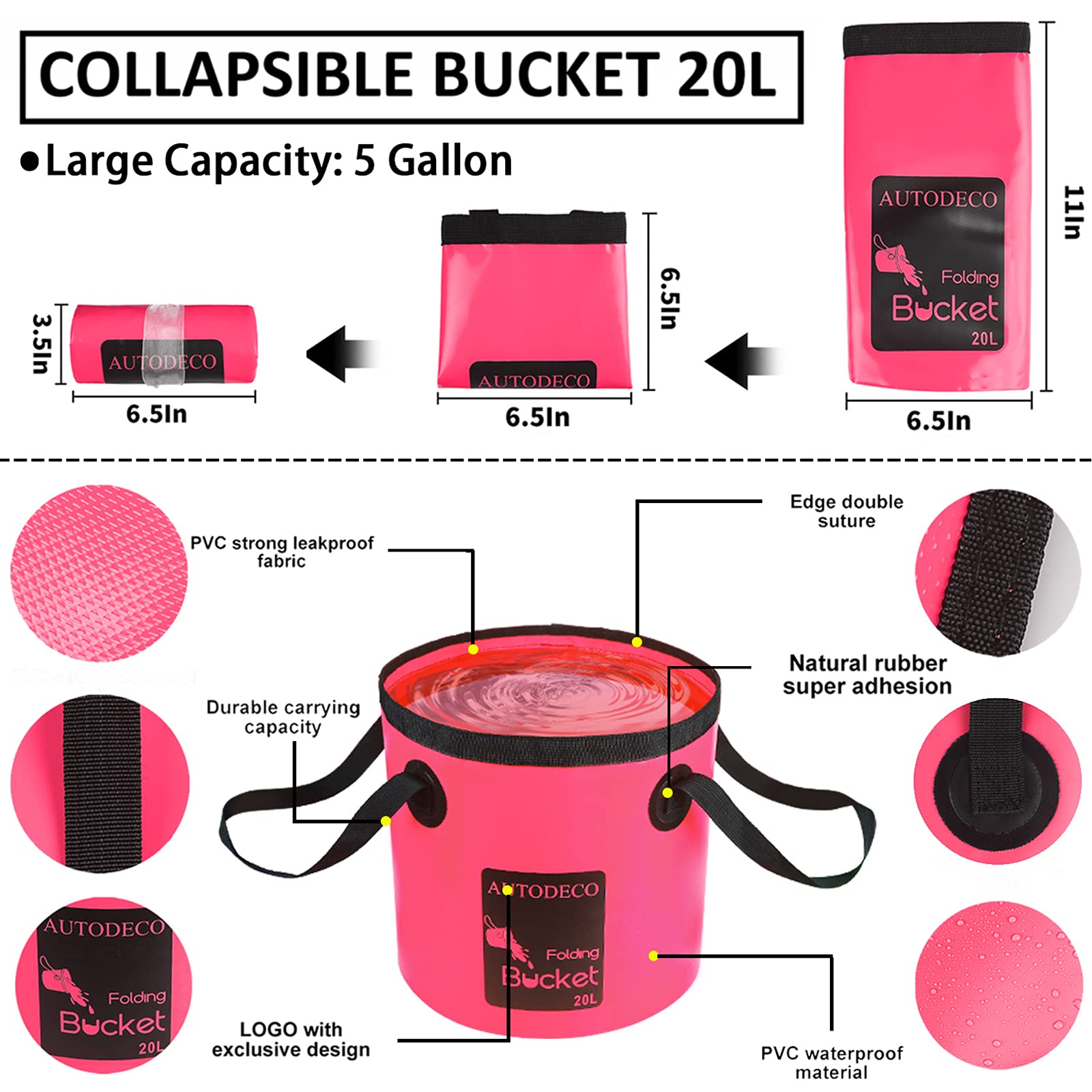 Autodeco 22Pcs Car Wash Cleaning Tools Kit Car Detailing Set With Canvas Bag Pink Collapsible Bucket Wash Mitt Sponge Towels Tir