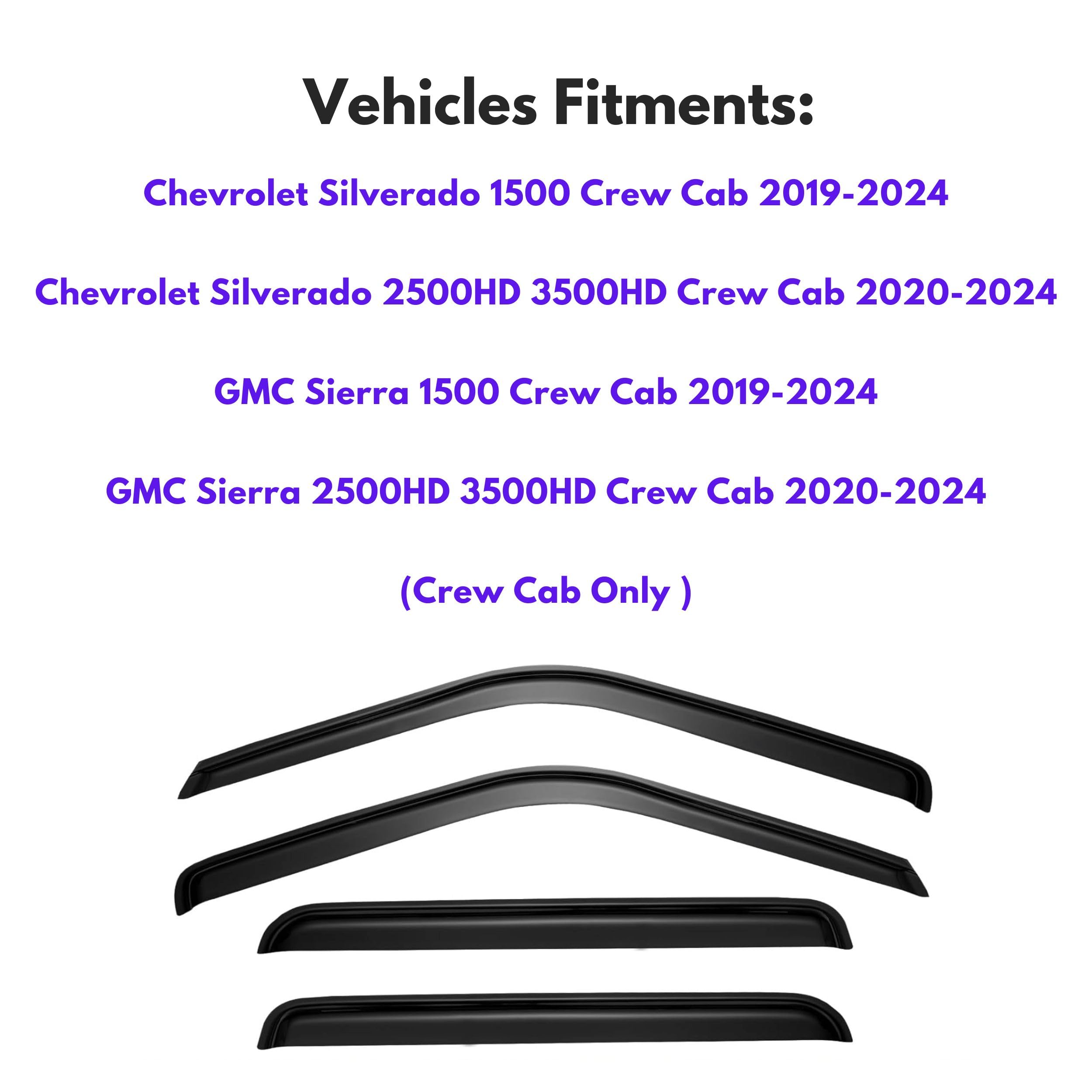KPY Window Visor for 2019-2024 GMC Sierra Crew Cab & Chevrolet Chevy Silverado 1500 Crew Cab, 2500HD 3500HD 2020-2024, 4PC Rain