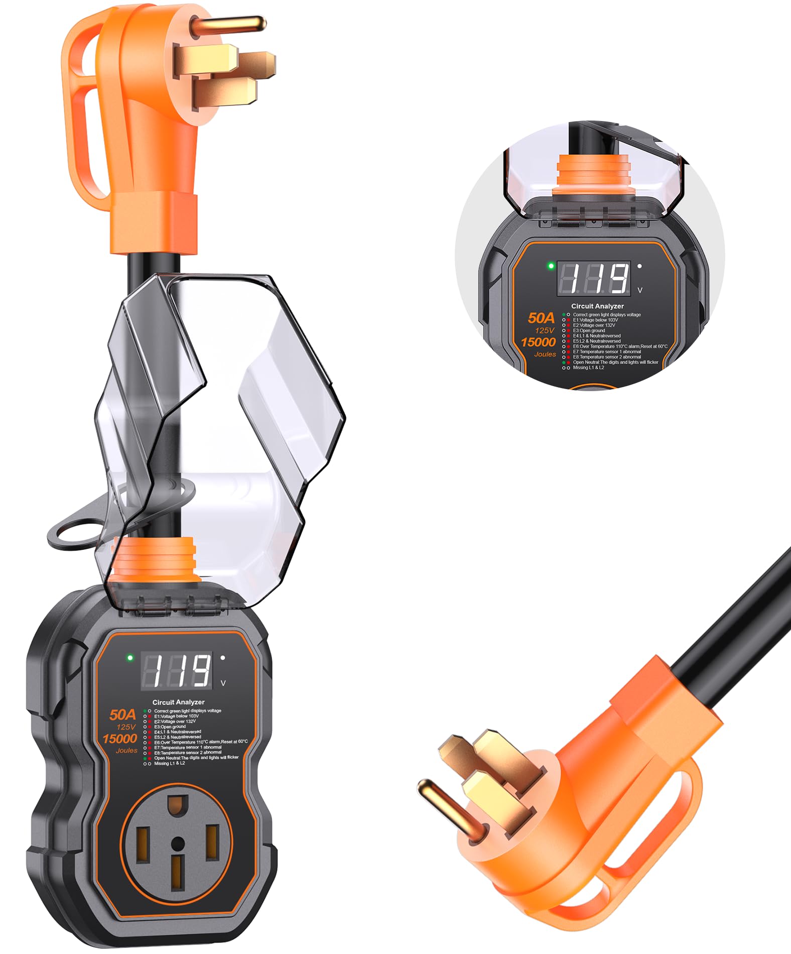 Geargo Rv Surge Protectors 50 Amp With Smart Led Display, 15000 Joules Rv Circuit Analyzer Waterproof With High/Low Voltage Prot