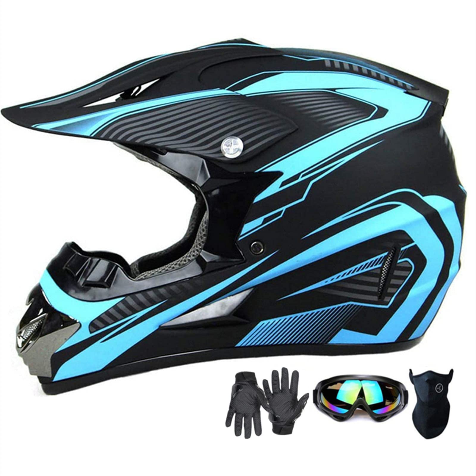 Motocross Helmet,Adult &Youth Trend Full Face Helmet,Atv Motorcycle Helmet,Dirt Bike Downhill Off-Road Mountain Bike Helmet,Dot Certified,4-Piece Set (Blue, Xl)