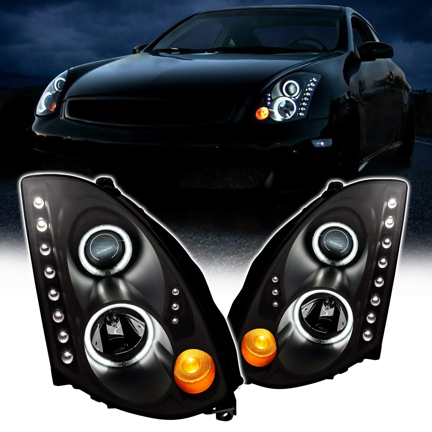Amerilite For 2003-2007 Infiniti G35 2 Door Coupe Dual Xtreme Led Halo Led Projector Chrome Replacement Headlights Set (Hid Compatible) - Passenger And Driver Side