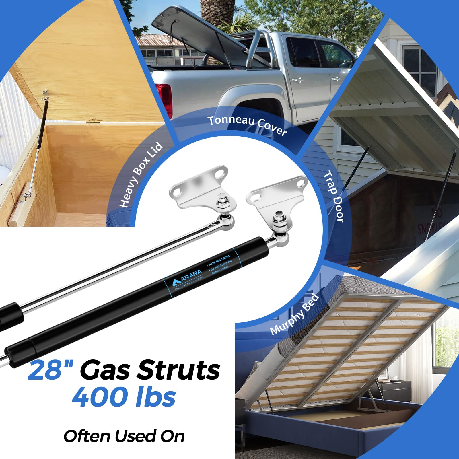 ARANA Gas Struts Shock Prop, 28 inch, 400lb Capacity, Carbon Steel, Black, Heavy-Duty for RV Bed, Murphy Bed, Trap Door, 2Pcs