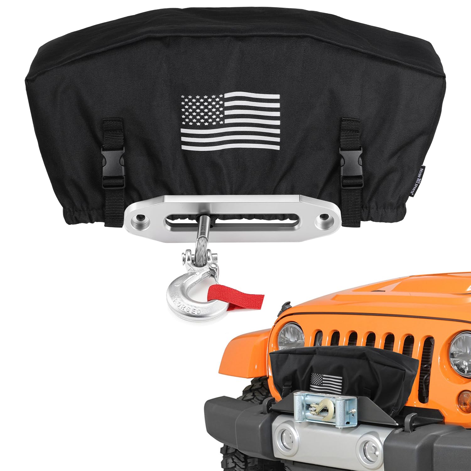 Upgraded 900D Oxford Winch Cover with Flag Pattern, Heavy Duty Waterproof Winch Protection Cover Dust-Proof Winch Protective Cov