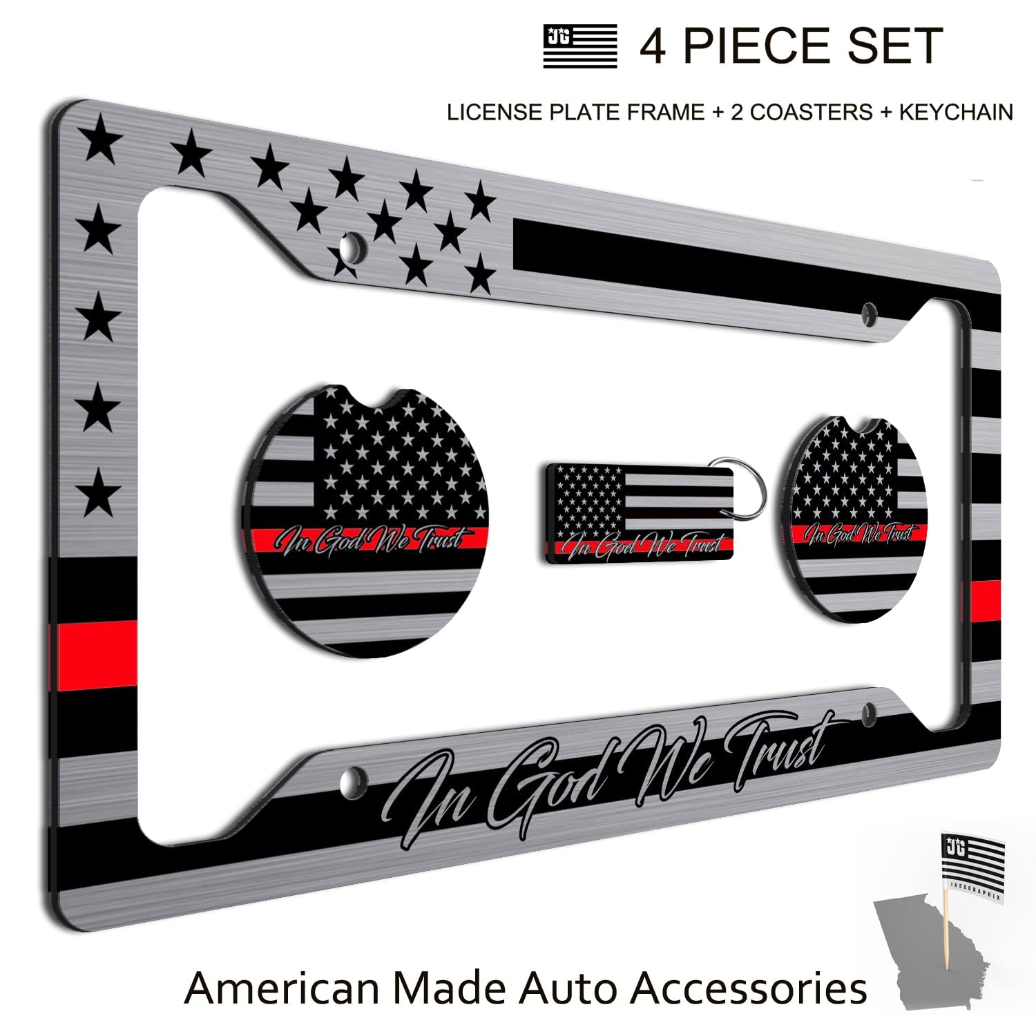 American Flag In God We Trust License Plate Frame + Red Line Coasters + Keychain - Perfect For God And Country Lovers - Tactical