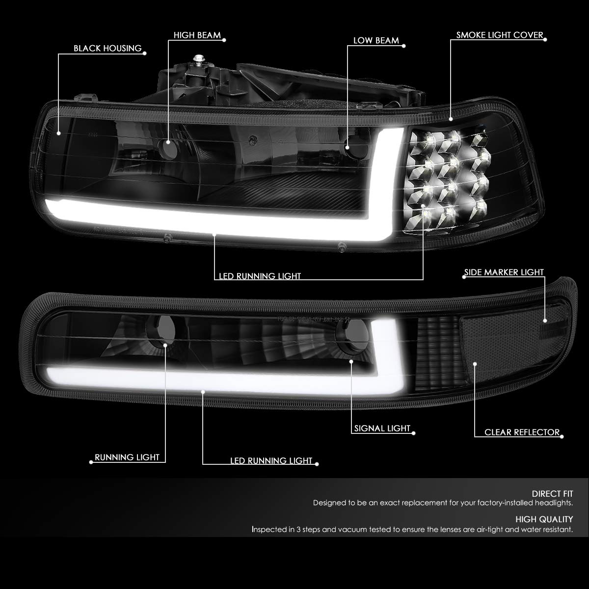 DNA MOTORING Smoked Lens LED DRL Headlight Bumper Lamps, Model HL-LB-CSIL99-BK-SM-CL1, Compatible with 99-02 Silverado, 00-