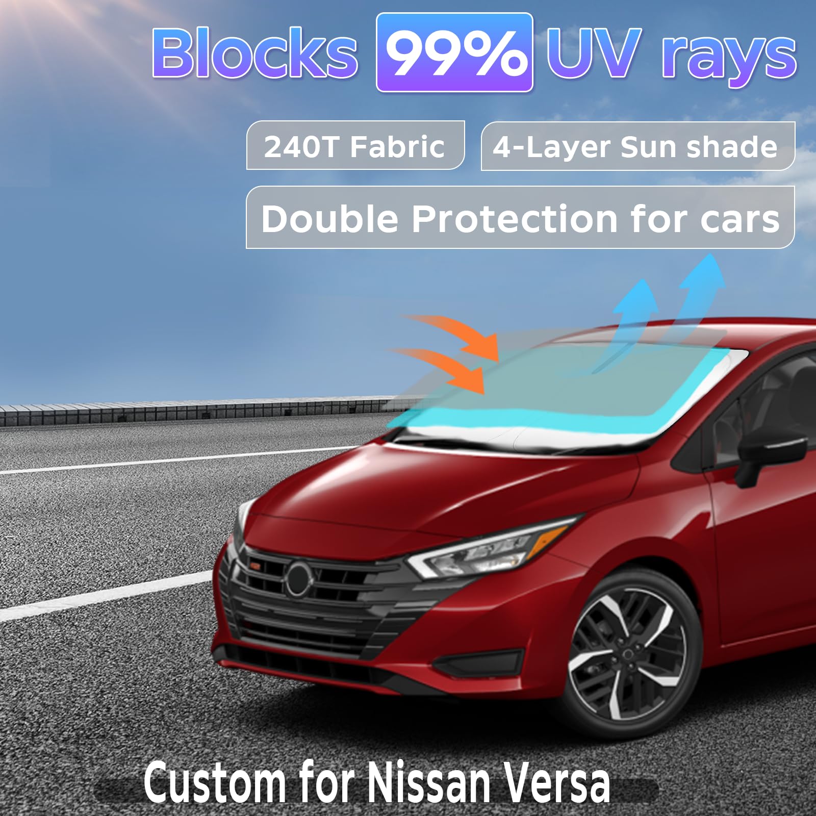 Sun Shade Sunshade For Nissan Versa 2021-2024 2025 Windshield Cover, 2-Layers Sun Shield 240T Silver Coating Sun Visor Foldable
