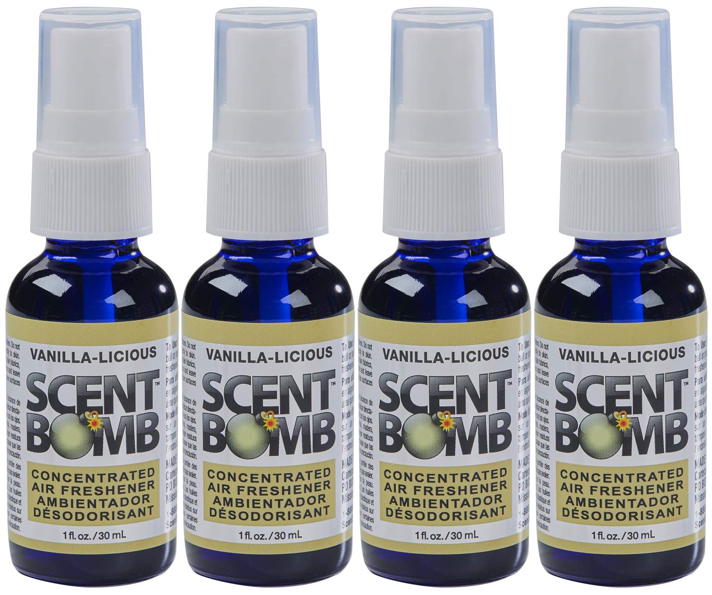 Scent Bomb Air Freshener Spray, Long-Lasting Odor Eliminator, 1 oz Pack of 4, Vanilla Scent, Effective Deodorizer for Home & Car