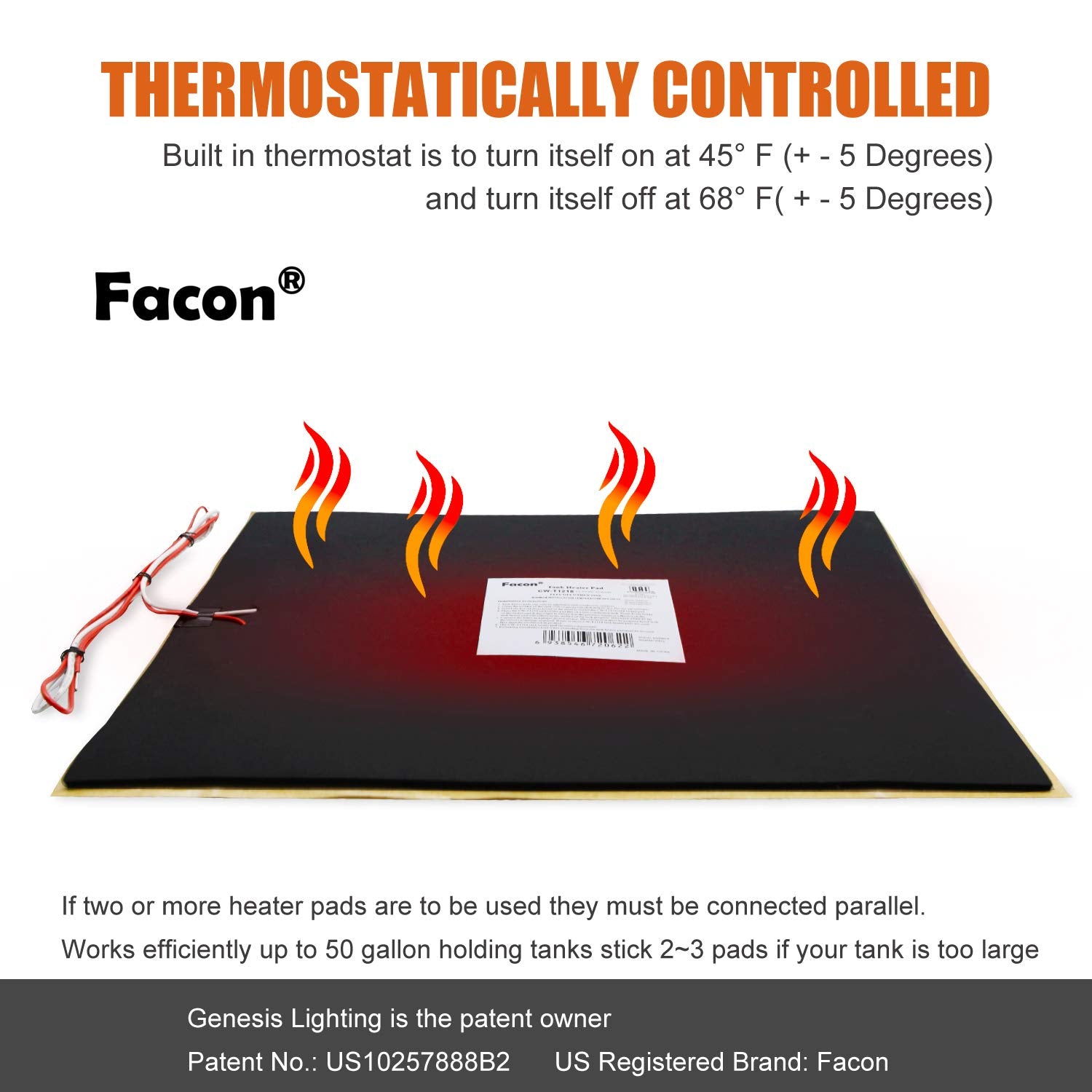 Facon RV Tank Heater Pads 12" x 18" with Thermostat, Black, Energy Efficient, QAI Certified, Prevents Freezing, Model CW-T1218