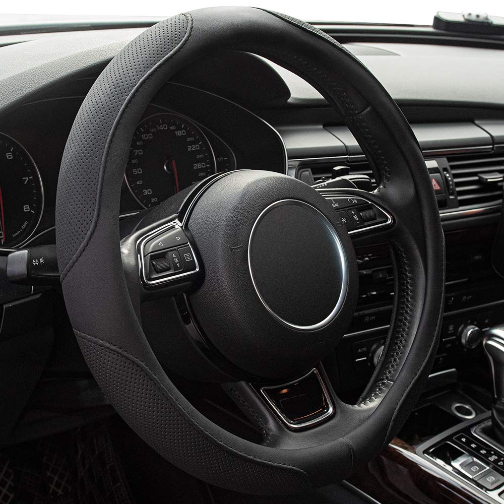 Xizopucy Car Steering Wheel Cover,14.5-15 Inch Black Universal Microfiber Leather Covers Breathable Anti-Slip Odorless Steering Wheels Accessories For Men Women