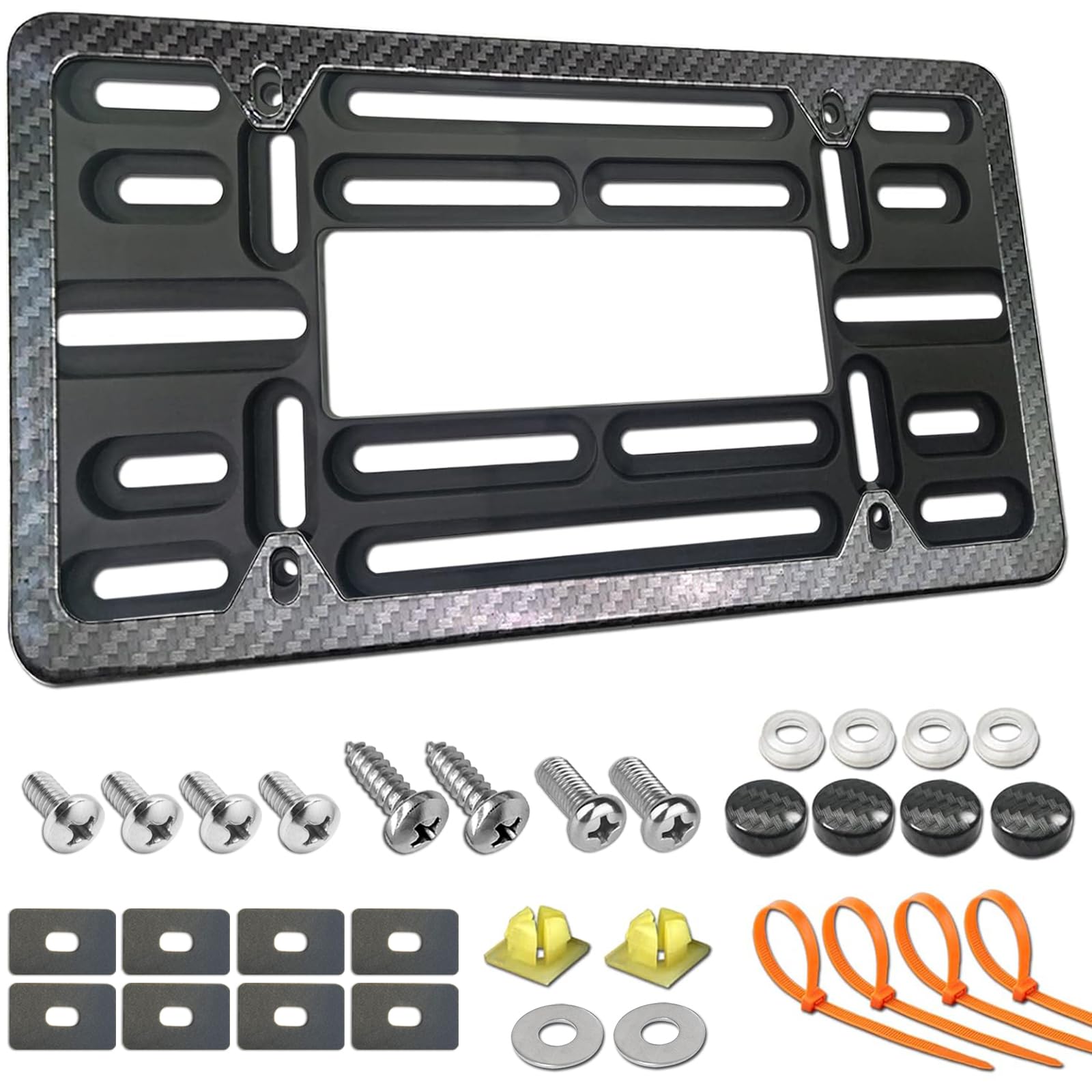 Fbjtdq Front License Plate Mounting Kit- Carbon Fiber License Plate Frame And Universal Bracket For 2 Hole Front Bumper, Black A