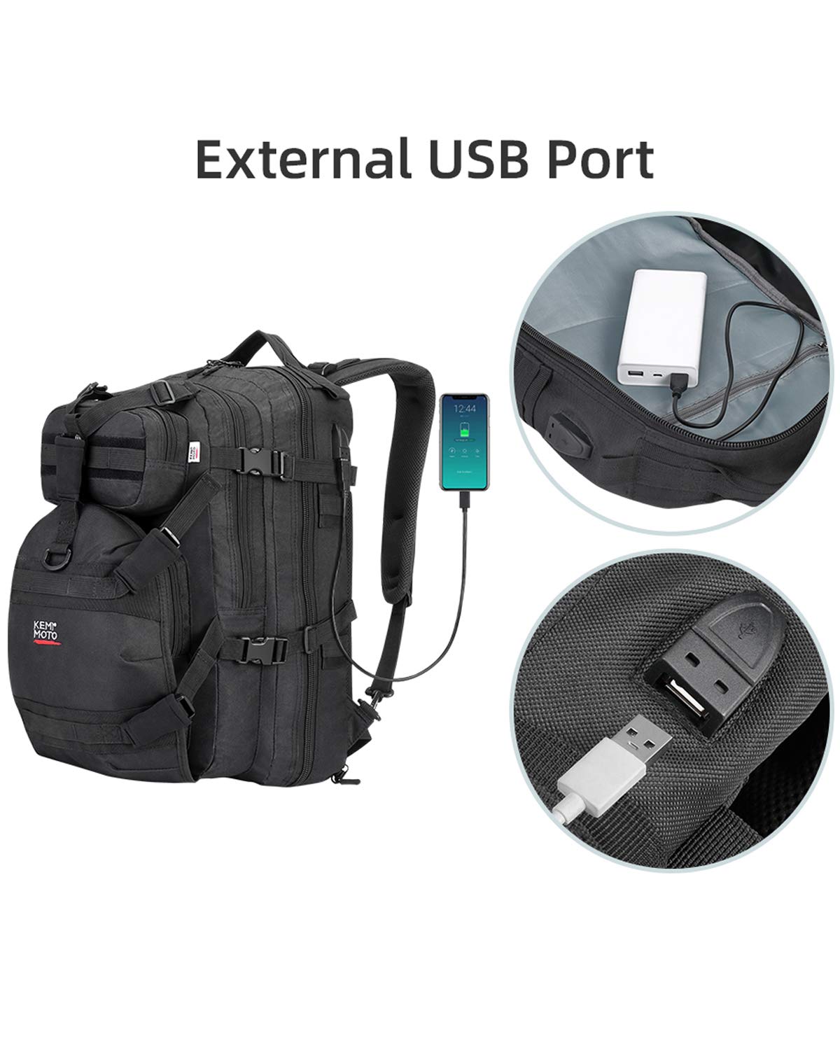 KEMIMOTO Motorcycle Helmet Backpack, 37L Waterproof Bag with USB Charging, Black, Polyester