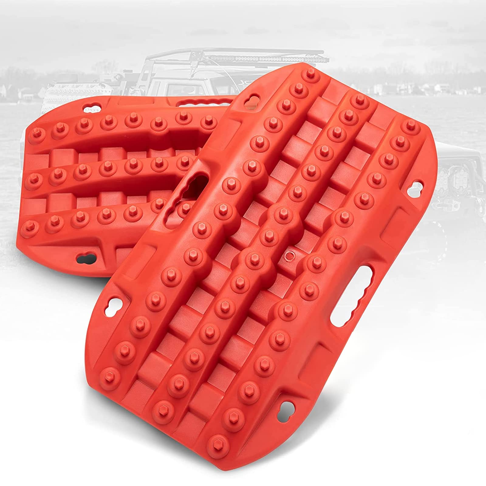Bunker Indust Off Road Traction Boads, 2 Pcs Short Recovery Track Traction Mats For 4Wd Mud, Sand, Snow Ramps-Red Tire Traction
