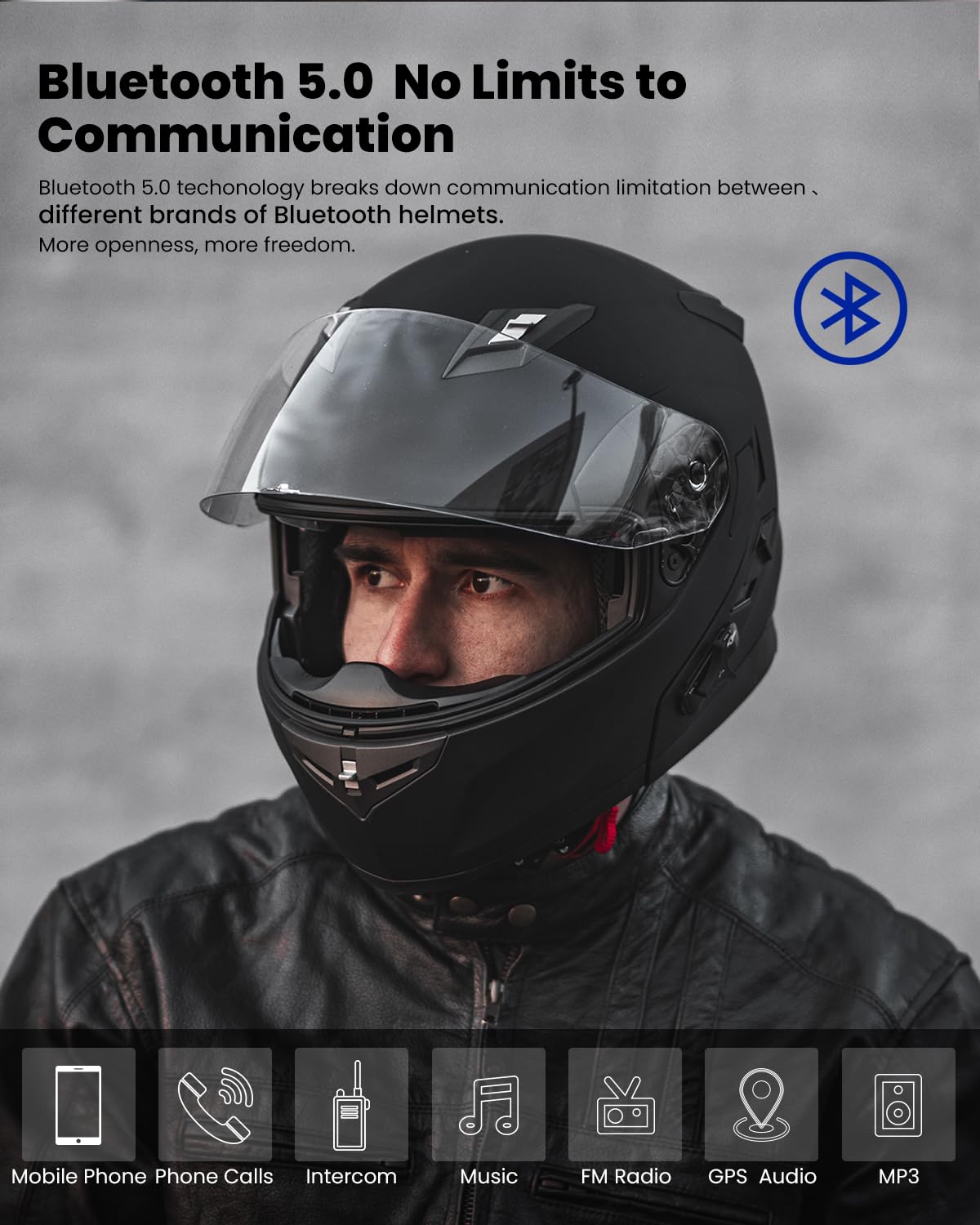 ILM Bluetooth Modular Full Face Motorcycle Helmet, XXL, Matte Black, Model 953Pro, EPS Material, Sun Shield, Mp3 Intercom