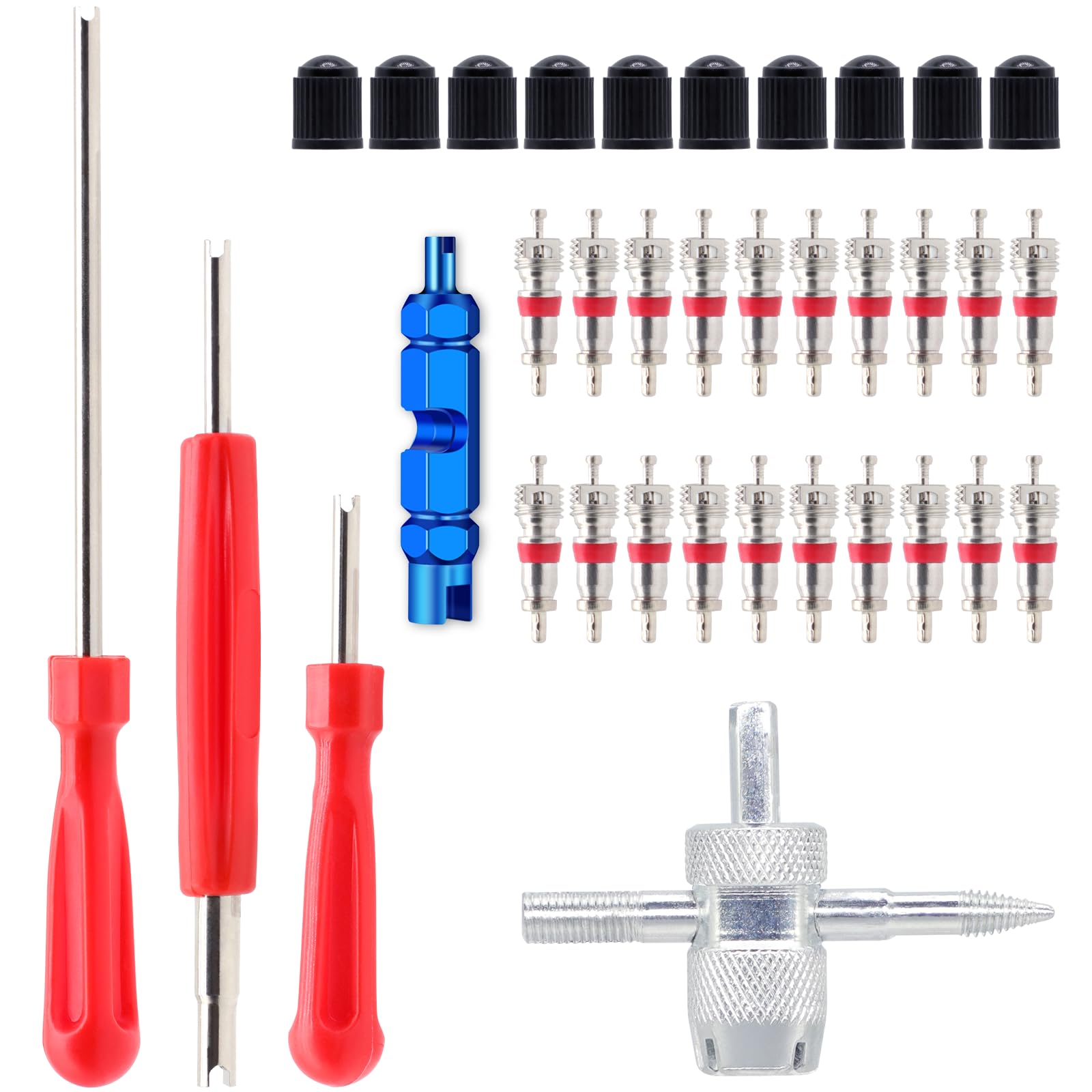 Valve Stem Removal Tool  20Pcs Valve Cores, 10Pcs Tire Valve Caps, 4Way Valve Tool, Valve Core Remover Tool by ZHSMS