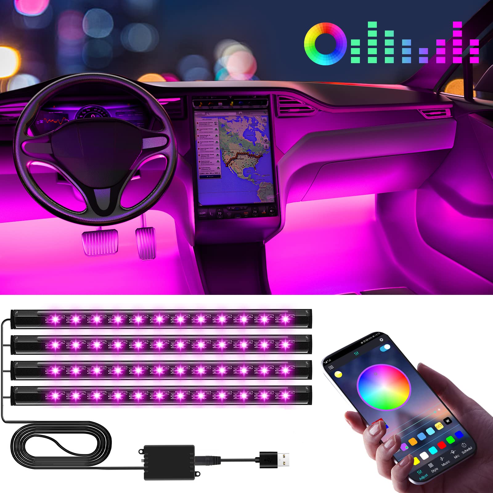 Interior Car Lights Winzwon Car Accessories For Women, Led Lights Decor, Gifts For Men, App Control Inside, With Usb Port, Music Sync Color Change Lights For Jeep Truck, 12V (1)