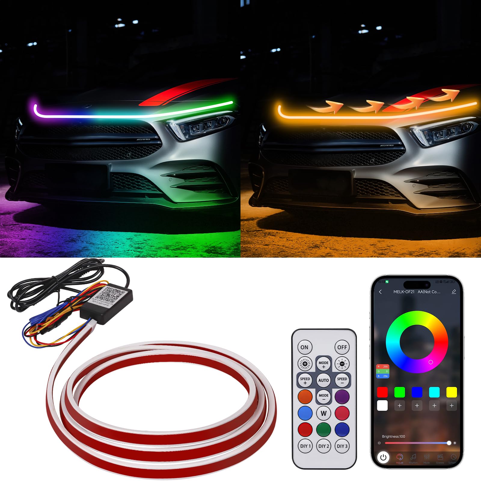 Hconce 79 Inches Rgb Multicolor Dynamic Scanning Starter Hood Lights, Car Led Hood Light Strip, Exterior Flexible Headlight Wate