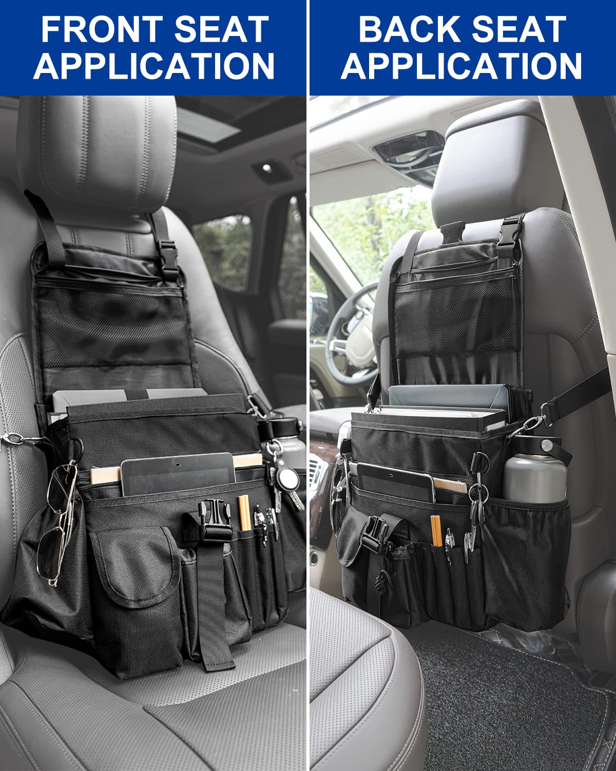 FifthQuarter Car Organizer - Large Capacity Front Seat Storage, Oxford Cloth, Adjustable Strap, Black, Ideal for Police, Drivers, Travel